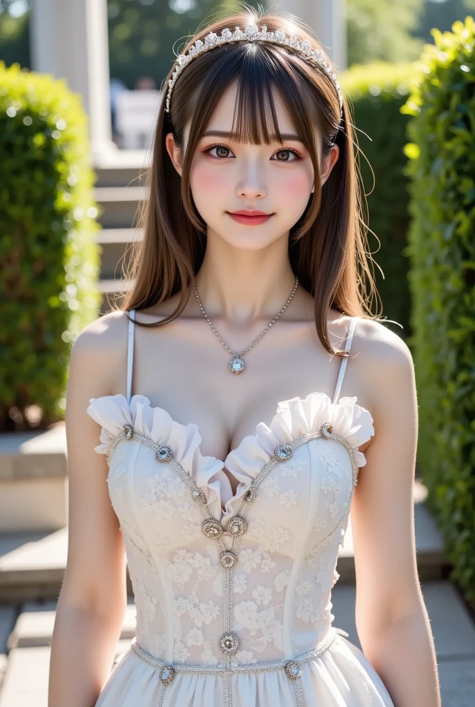 (8k, RAW photos, best quality, High resolution: 1.1), (surreal: 1.4), (realistic, realistic: 1.3), soft light, girl, realistic face, realistic body, realistic skin, absurd, masterpiece, (cute: 1.8), cute, solo, (: 1.2), detailed black eyes, innocent eyes, blush, (white wedding dress: 1.2), (dress conservatively), exposed shoulders, lace trim, garland, jewel crown, movie lights, film grain, jewelry, earring, medium hair: 1.1)), (floating hair nova frog style)), cherry lips, headband, hair bow, ponytail, viewer, long hair , open lips, upper teeth, (smiling eyes: 0.6), (grinning: 1.2), depth of field, blurred background, eye focus, bokeh, young, 85mm lens, f/1.4, professional lighting, young, photon mapping, radiosity, physically based rendering, braless