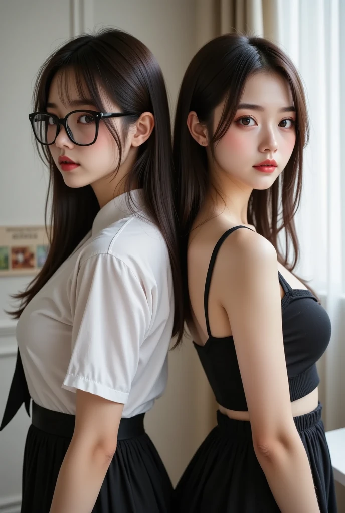 a cute woman, 8K, beautiful detailed eyes, upper body, beautiful detailed lips, extremely detailed eyes and face, long eyelashes, slender body, thin face, delicate features, flawless porcelain skin, glistening sweat, realistic, tank top, mini skirt, one-person viewpoint, Fuji Film, F/1.2, masterpiece, nffsw, super detail, high quality, best quality, high resolution, glasses, mole under right eye, hands not visible