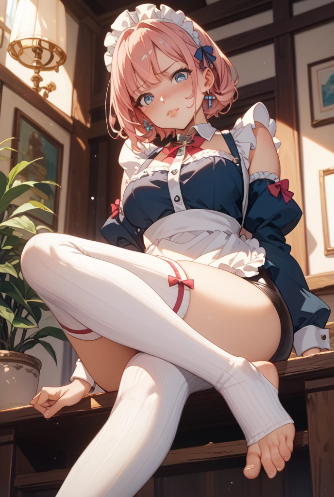 absurderes、high resolusion、(masterpiece:1.2)、full body, best qualtiy、perfect anatomia、ighly detailed, Look at viewer, ((sitting at bed)), ((crossed legs)), blue eyes, Yui, 1girl in, Lori, Light pink hair,short-hair, , black pantyhose, Black lingerie, Bra, garterbelts, slim body, sexy body, living room background, moan, Smile, blushing, ((smug face:1.4)), red face, face, wet skin, Wedge shoes, tusk, depth of fields、bokeh dof, Provocation, seductiv, NSFW, Cowboy Shot,