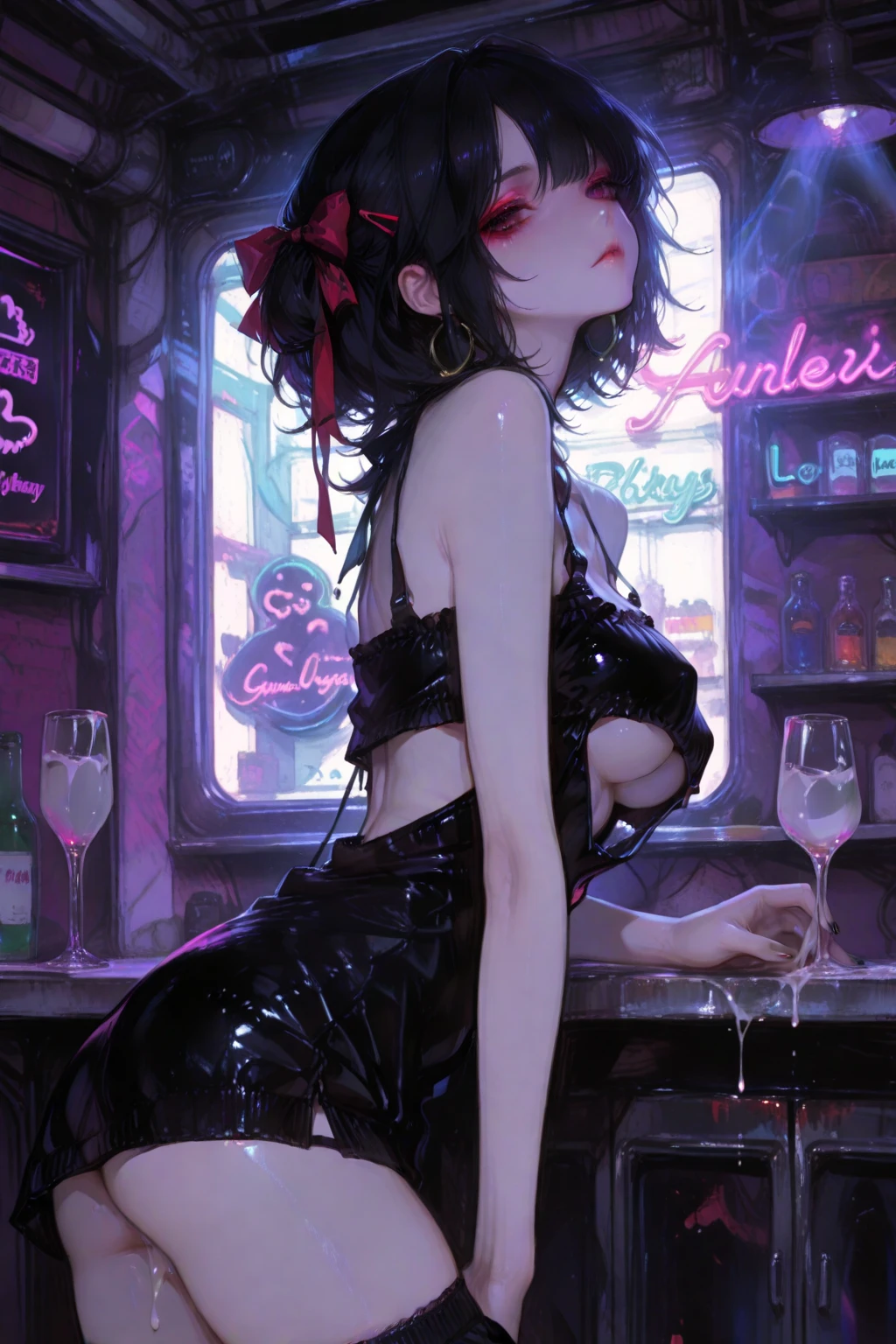 anime female woman mature character, short hair, black wavy hair, [red eyes], big eyelashes, black eyeliner, dark circles under the eyes,  black dress detailed, inverted cross necklace, short, thighs, short skirt, black tights, holding a cigarette, leaning against the wall, club bar and neon lights in the background, leaning on the counter, [wine glass in hand], victorian aesthetic. --auto --s2