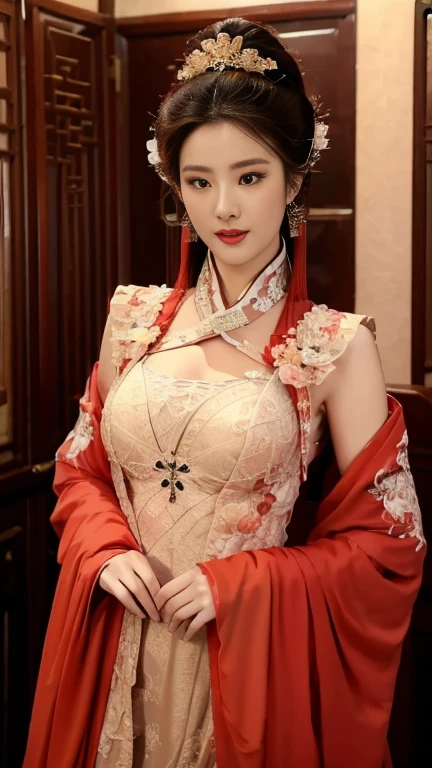 A woman seen from the front, sitting on the ground facing forward with her legs apart. Empress of the Qing Dynasty, Chinese imperial court. The Chinese empress is wearing a crown and a red Manchu dress with a floral pattern, open at the front, exposing her chest, lower abdomen, thighs and feet.。She is wearing no underwear, and her large breasts are exposed, right down to her bare stomach. Her hair is tied up and pulled up, and the background is the stone pavement of the Chinese palace of the Qing Dynasty.