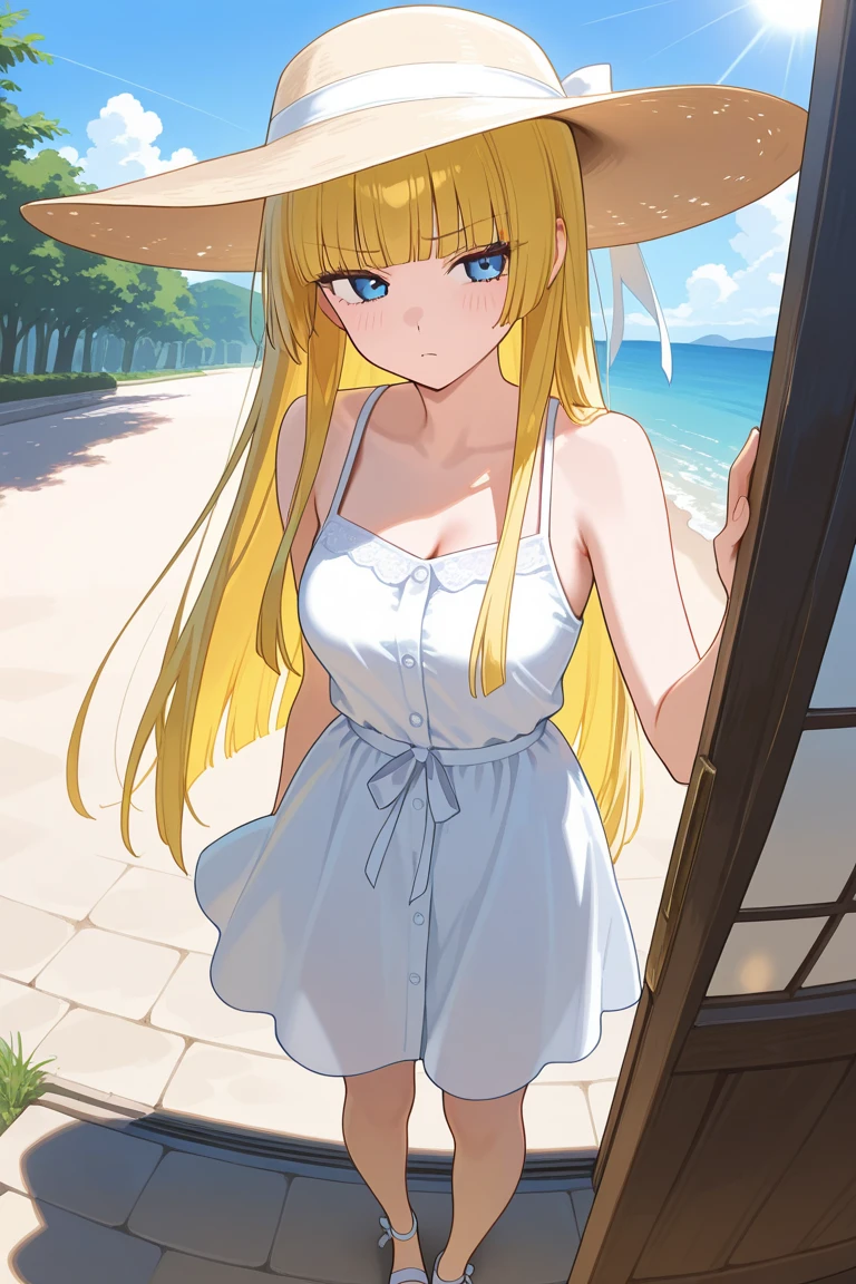 Become a woman。Blonde long-haired woman。Wearing a white dress、Wearing a white hat and sunglasses。We are in Hawaii。I'm at Sunset Beach。It is a colorful picture。It is an anime-style illustration。Beautiful with the best image quality