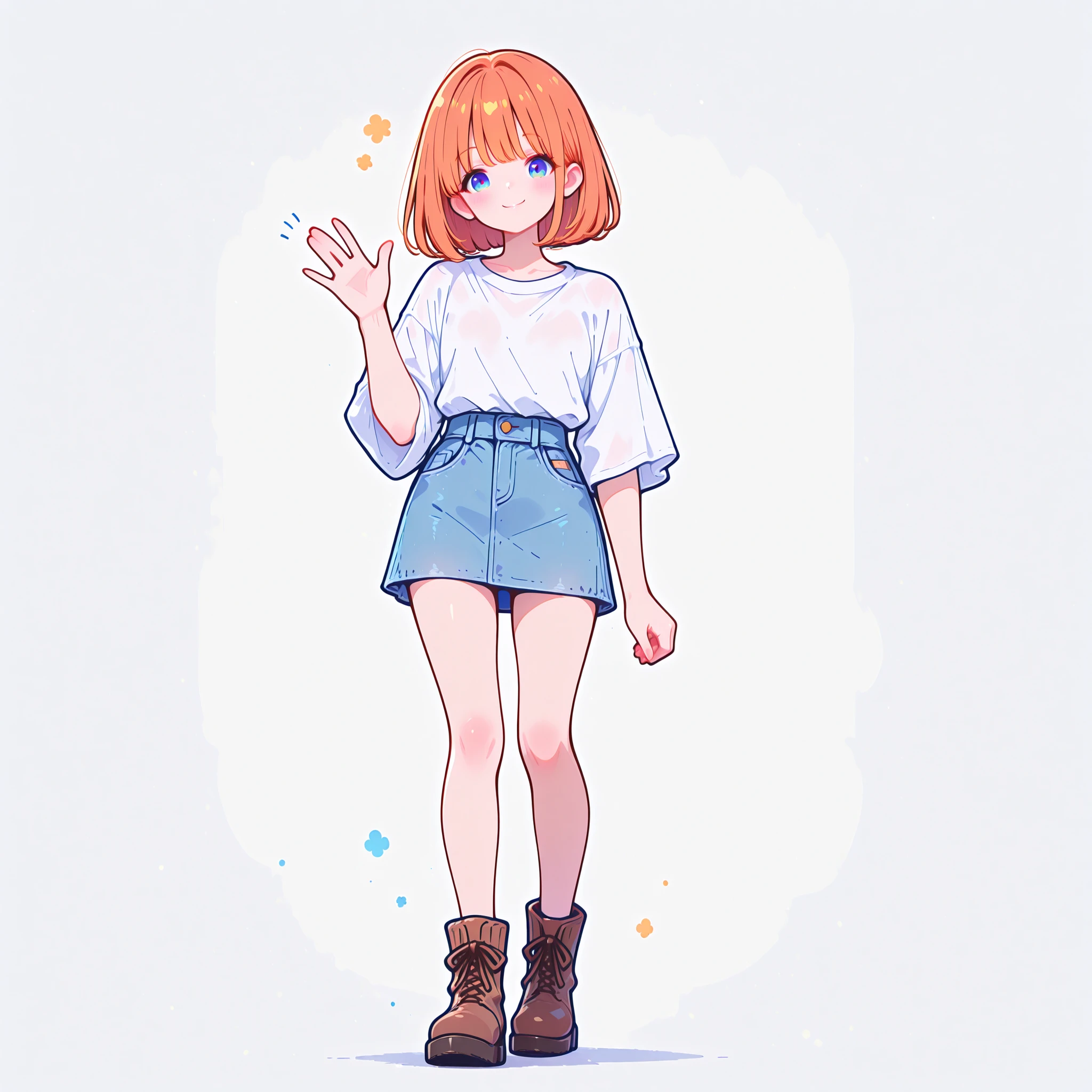 masterpiece, best quality, ultra detailed, high resolution, intricate details, sharp focus, smooth shading, professional lighting, clean lineart, anatomically correct, beautifully detailed eyes, no artifacts, 1girl, full body in frame, simple white background, bob hair, orange hair, blue eyes, white loose T-shirt, denim skirt, brown boots, waving hand, friendly smile, looking at viewer