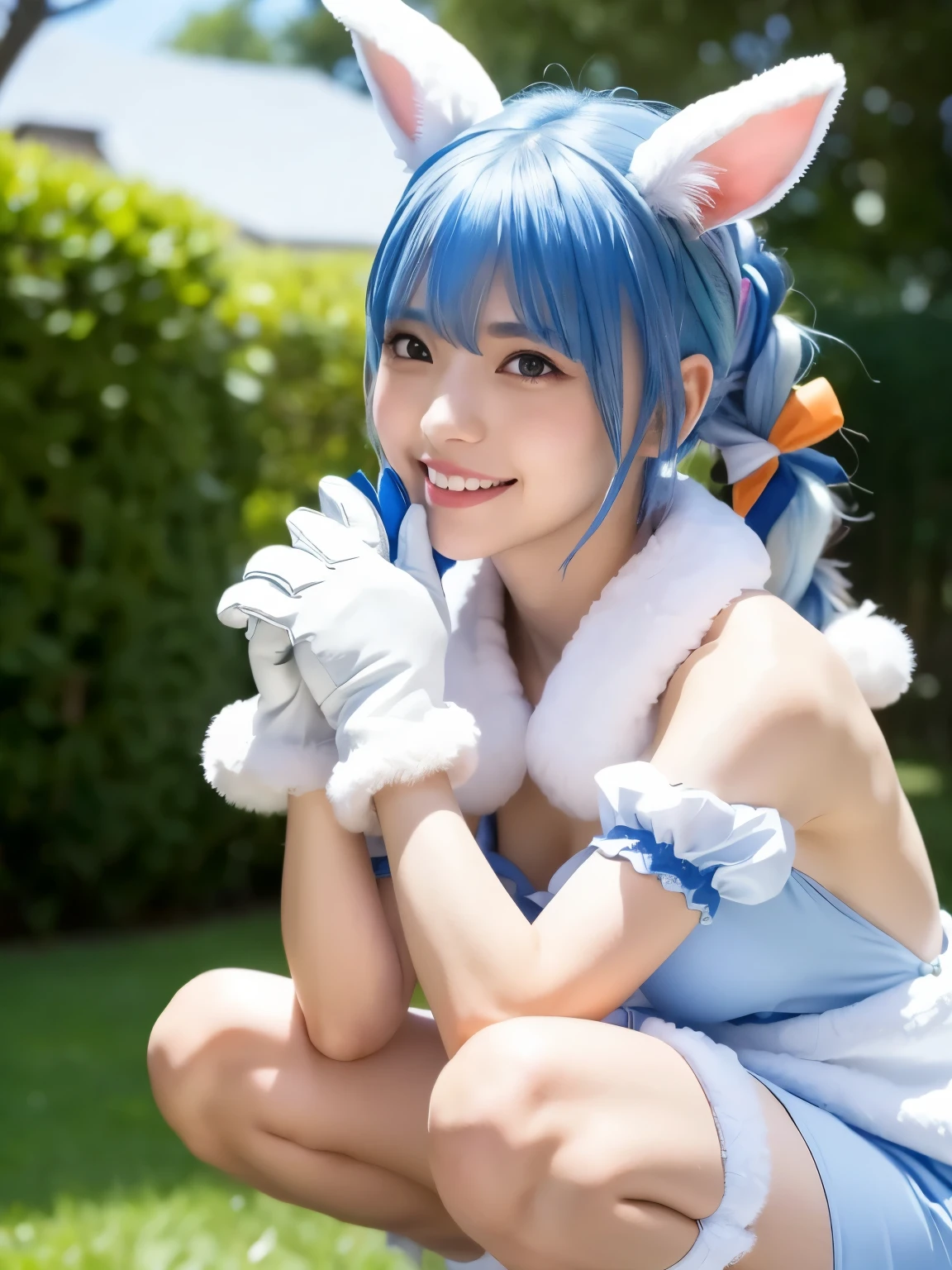 1girl, solo, cute japanese girl, cute rabbit furry girl, idol, (smile:1.2), natural makeup, highlighting her clear skin and subtle eye shadow,
BREAK
((realistic skin, detailed skin texture)),
BREAK
(portrait:1.2), spread legs, (squatting:1.3), dynamic angle.
BREAK
flat breasts, sagging breasts, 
BREAK
(film grain:1.5), 8K raw photo, Best quality, masterpiece, ultra high res, (photorealistic:1.4), professional lighting, (16k, RAW photo, best quality, masterpiece:1.2), (realistic, photo-realistic:1.4), (extremely detailed 16k wallpaper), sharp focus, depth of field, blur background, bokeh, cinematic lighting, soft light, 
BREAK
pekora usada, animal ears, (blue hair:1.5), (bangs between eyes:1.5), (twintails, two-tone hair,), braid, carrot hair ornament, food-themed hair ornament, hair ornament, multicolored hair, (red eyes:1.5), rabbit ears, twin braids,
BREAK
strapless, strapless dress, (white furry dress:1.5, white furry gloves:1.5), black pantyhose, bow, bridal garter, detached sleeves, 
fur dress, dress, fur scarf, fur trim, fur-trimmed dress, fur-trimmed gloves, gloves, pantyhose, puffy detached sleeves, puffy sleeves, red bow, ((naked dress, sheer dress)),