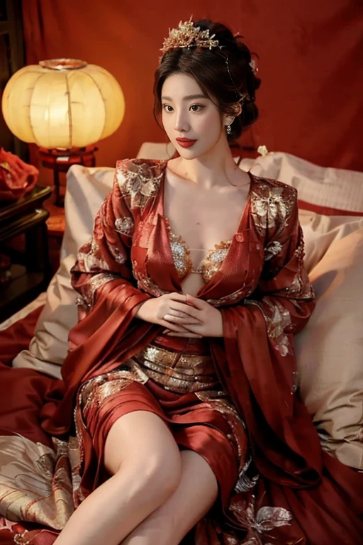 (Hyper-realistic 8K CG: 1.2), Perfect work of art, Exquisite patterns, Intricate details, (An unrivalled masterpiece, best quality: 1.2), (Extremely complex: 1.2), woman in red and gold dress, ((dark brown hair, Big tits:1.2 )), (Low-cut,Deep V),Phoenix Coronet, hair stick, (Red bed: 1.3), cosmetic, blush, Shy, (Smile),Black_hair, Looking at the audience, cosmetics, (Lace,silk), (chiffon:1.5),Show her breasts, (Faint areola:1.5),,Chinese_clothing, ((Red loose comfortable clothing:1.4)),(Large Breasts),D cup ,curtain, earrings, hair_decorate,Hanfu, Internal, Jewelry, Red nails, long_sleeve, (在Red bed上,Red pillow:1.6) ,(minuscule underwear:1.5),Red Dress, red lips, tassel, (Red pillow,Red quilt), (Red Hi Word: 1.2), (ancient Chinese architecture),, night,(Chinese婚礼),(Marriage room),中式Marriage room,(Phoenix Coronet霞帔:1.5),(bridal chamber),(joyful eyes:1.5),