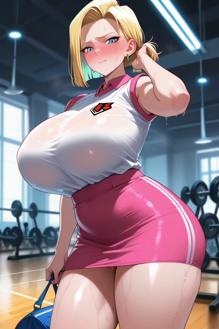 NSFW、Bimbo, Mischievous, Lady, 22year old, Seios Enormes, huge-breasted, huge-breasted, breasts larger than the body,,,,,,,,,,,,,,,, in white panties and bra, short blond hair, sit with your legs spread out on the gym floor、Wet crotch、Overflowing sexual fluids、vaginal、ssex、Strong Man、thick penises