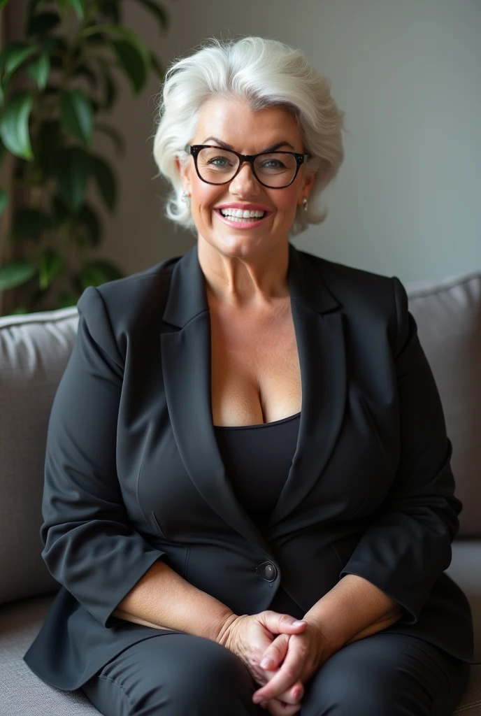 Mature 60+ modern fancy aged women wearing-loose turtleneck bodycon dress. Her big and longer breasts showing their big size she is wearing white glasses long earnings with lipstick looking sexy while on chair bedroom 
