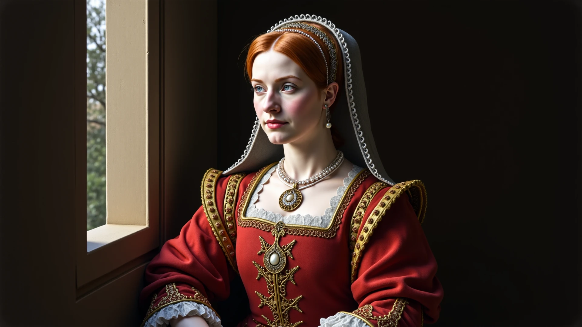 Create an image of Bloody Mary depicted in the style of historical Renaissance paintings. She should be portrayed as a regal yet eerie figure, dressed in elaborate 16th-century attire with dark, rich colors. The background should have a gothic, dimly-lit castle interior with ornate details. The overall mood should evoke a sense of mystery and foreboding