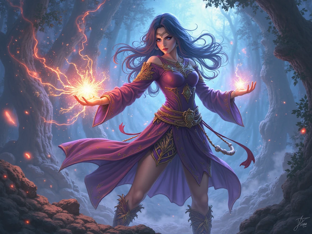 a colorful painting of a young female evil rogue wizard casting magic spells energy energies arcane magic missile paintstyle12