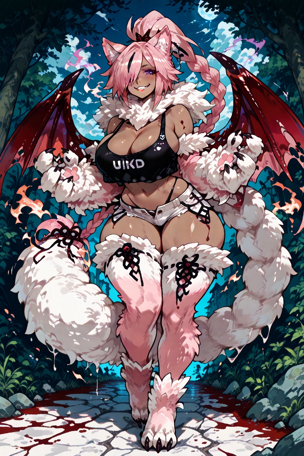 1girl, bandages, bandana, bare_shoulders, beach, blonde_hair, bracelet, braid, breasts, choker, cleavage, cloud, collarbone, dark-skinned_female, dark_skin, doubt_(thedo_ubt), highres, jewelry, khanae_(tomarius), lips, long_hair, looking_at_another, ocean, orange_eyes, original, outdoors, sand, scar, sky, smile, solo, tree, best quality, masterpiece, nai3