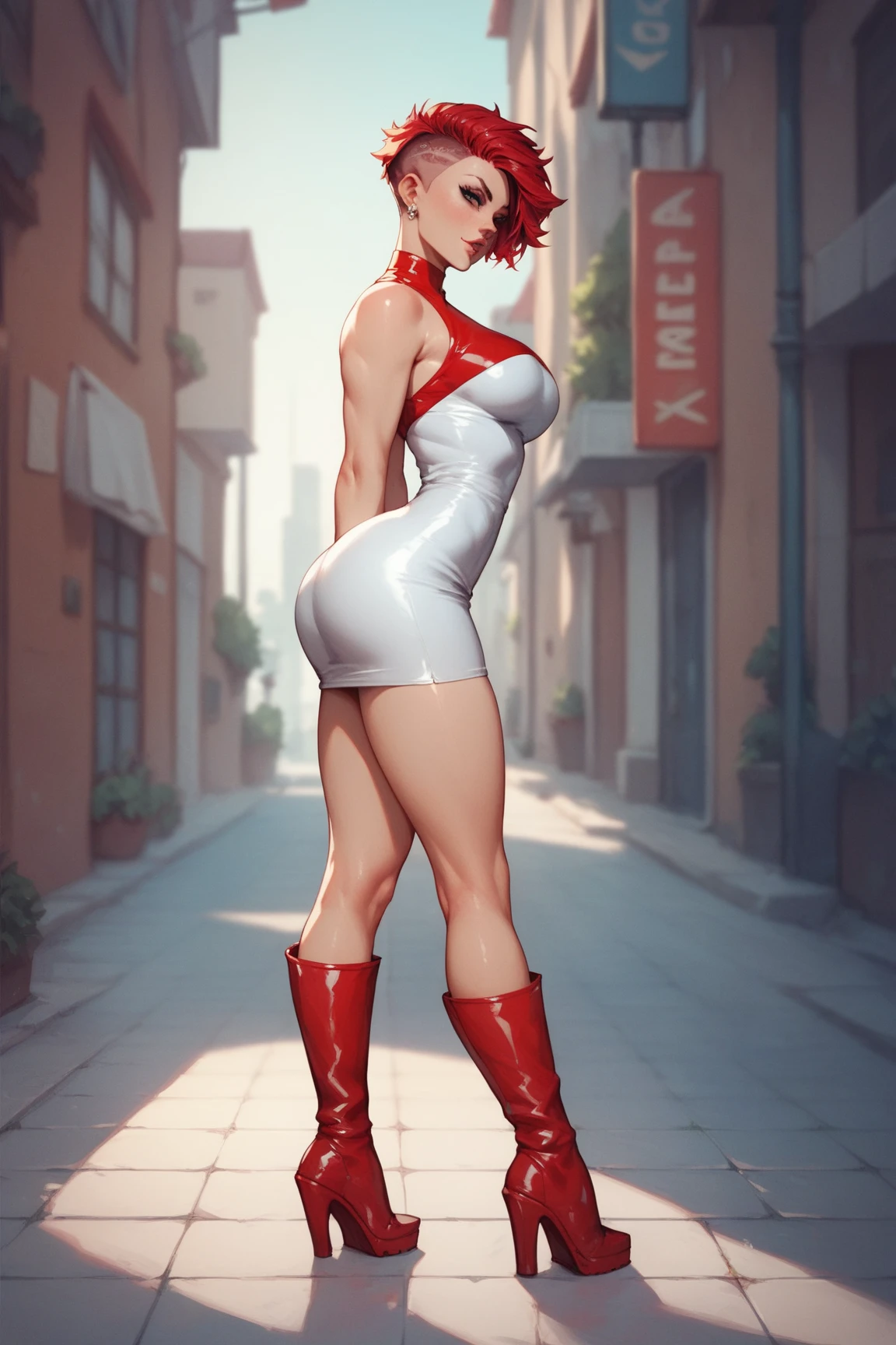 (Masterpiece, Best Quality), 8k Wallpaper, highly detailed, poster, vintage sci-fi film, 1960s, a magazine cover with sexy giant nurse towering over a tiny city, a portrait by Paul Kane, cinematic movie poster, perfect face, colorful hair, Attack of the 50 foot woman, giant woman, tiny city, lines, abstract, mid century modern, movie poster, vintage, white nurse uniform, stiletto high heel shoes, tiny destroyed skyscrapers city, retrofuturism, pulp sci fi, pulp sci-fi, 60's pulp illustration, scifi pulp, pulp book cover art, pulp scifi, old retro pulp comic cover, pulp science fiction, pulp scifi illustration, vintage scifi, skyscrapers sized under her knee