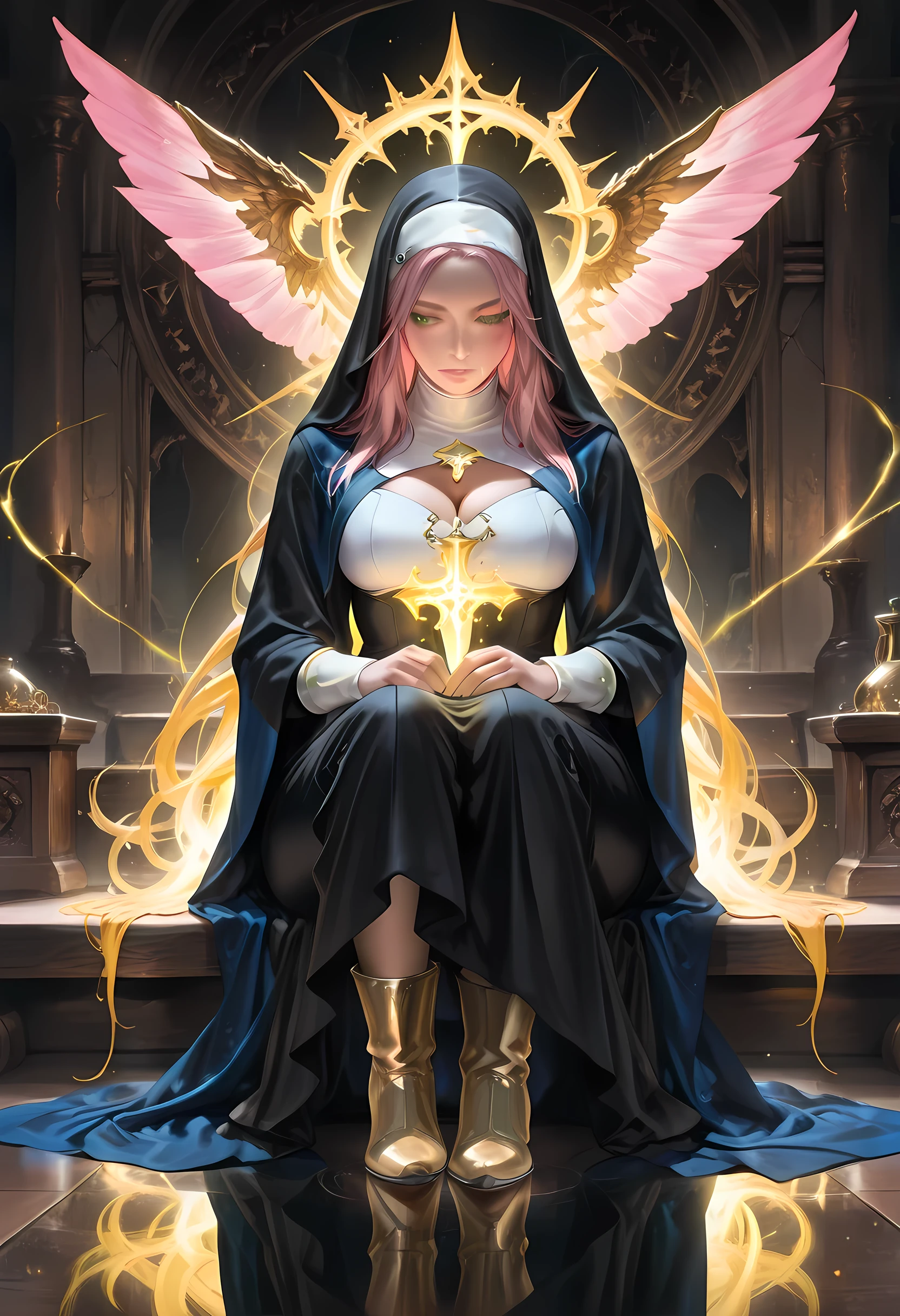 masterpiece , best quality , amazing quality , very aesthetic , absurdres , newest , highly detailed , highres portrait of a nun making an exorcism on a sleeping , fantasy portrait art, dnd art, RPG art, wide shot, intense details facial details, exquisite beauty, fantasy nun, female, pink hair, long hair, green eyes, casting yellow radiant spell, wearing heavy black and white armor, small cleavage, wearing high heeled boots, wearing blue cloak), wearing glowing holy symbol, within fantasy temple background, reflection light, high details, best quality, 16k, [ultra detailed], masterpiece, best quality, (extremely detailed), close up, ultra wide shot, photorealistic, RAW, fantasy art, dnd art, fantasy art, realistic art,((best quality)), ((masterpiece)), (detailed), perfect face, hair flora,