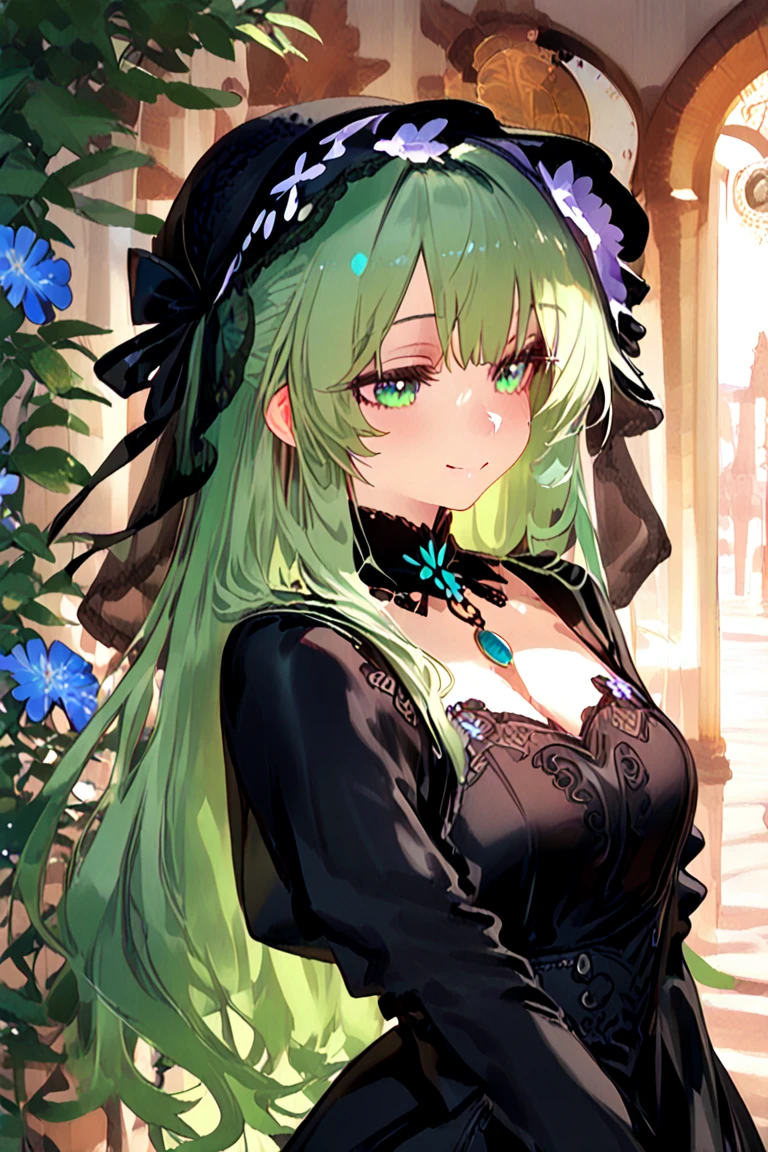 masterpiece, best quality, 1 Girl, Solitary, Green Eyes, Xiaoming Temple Xiaoshi, have, Green Hair, flower, blue flower, blue Rose, Rose, Separate sleeves, short hair, Bare shoulders, The Third Eye, breast, bow, Smile, flower瓣, skirt, from the side, medium breast, Looking at the audience, outdoor, Black tiara, Long sleeve, decorate, cloud, Wide sleeves, have bow, Shut up, Necklace, Alternative clothing, Sky, black skirt, white bow, blush, Bangs, Hair between the eyes, flower site, finger to mouth, Ruffled sleeves, hands up, site, Strapless, eyeball, 白色skirt, cloudy Sky, have ribbon, ribbon, Strapless skirt, Separate collar, finger to cheek, adapted costume, permanent, Cowboy shooting, Upper Body