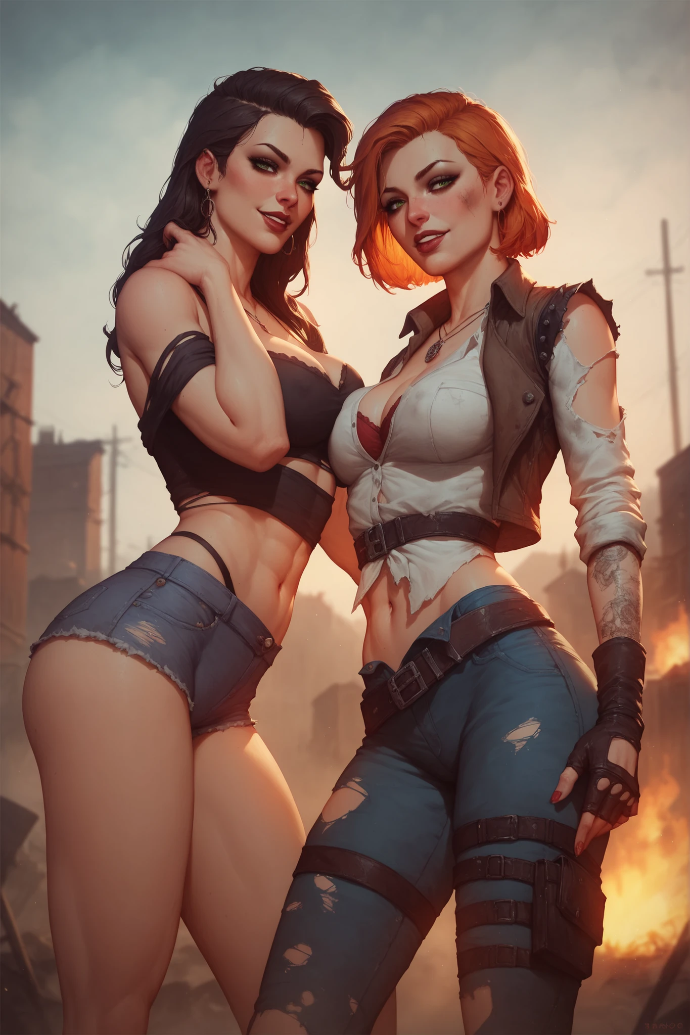 Zombie Girl (Beautiful and bold, seductive and attractive, Green eyes, pointy breasts, straight red blonde hair, sweaty body, full of blood, open shirt, short skirt, boot, Thick legs). (Desert Road, Dirt Road, Abandoned cars, Apocalyptic landscapes, Cinematic effect), (Best Quality, Masterpiece, Depth of field, Full HD, 4k, A wealth of detail). PORTRAIT STYLE