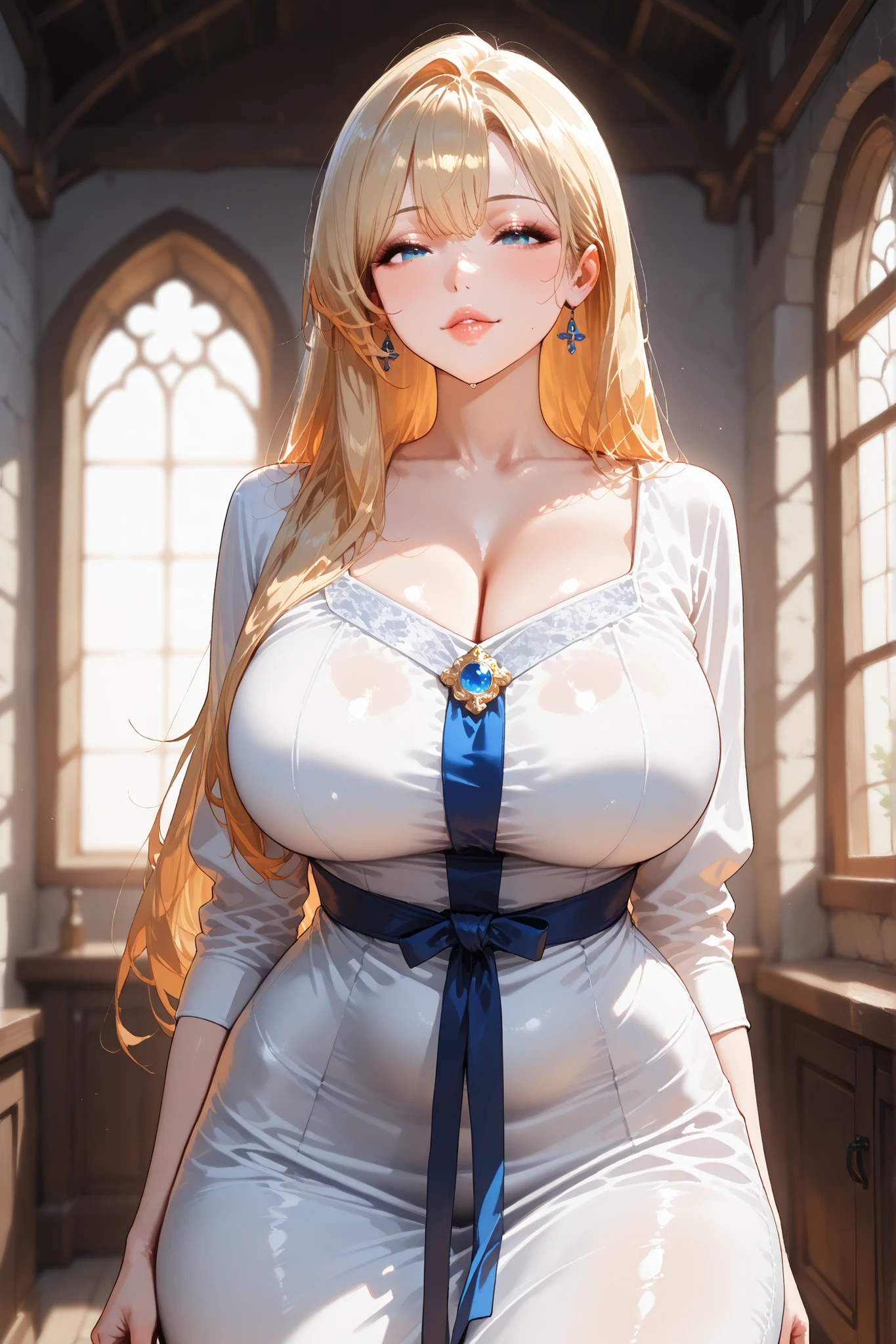 ((masterpiece, best quality, extremely detailed, absurdres)), 1girl, princess, blonde long hair, gentle smile, huge breasts, pure white dress, frill,