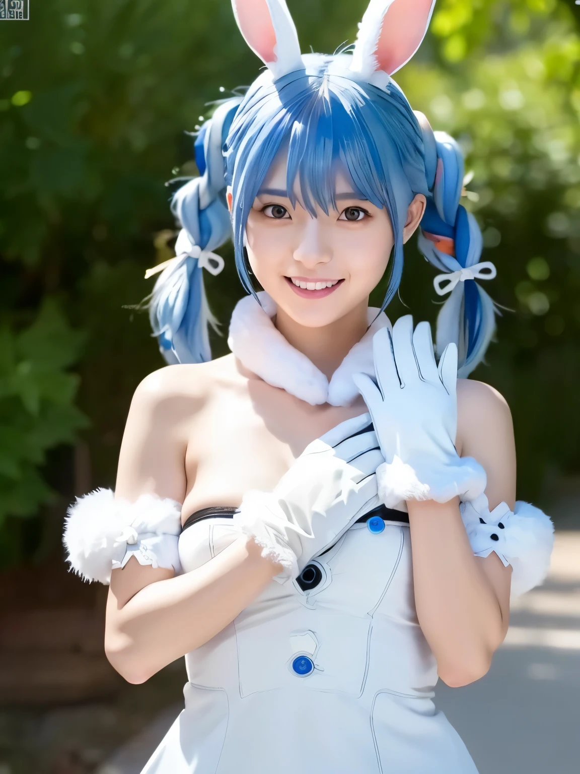 1girl, solo, cute japanese girl, cute rabbit furry girl, idol, (smile:1.2), natural makeup, highlighting her clear skin and subtle eye shadow,
BREAK
((realistic skin, detailed skin texture)),
BREAK
(portrait:1.2), stylish pose, active pose, dynamic angle.
BREAK
flat breasts, sagging breasts,
BREAK
(film grain:1.5), 8K raw photo, Best quality, masterpiece, ultra high res, (photorealistic:1.4), professional lighting, (16k, RAW photo, best quality, masterpiece:1.2), (realistic, photo-realistic:1.4), (extremely detailed 16k wallpaper), sharp focus, depth of field, blur background, bokeh, cinematic lighting, soft light,
BREAK
pekora usada, animal ears, (blue hair:1.5), (bangs between eyes:1.5), (twintails, two-tone hair,), braid, carrot hair ornament, food-themed hair ornament, hair ornament, multicolored hair, (red eyes:1.5), rabbit ears, twin braids,
BREAK
strapless, strapless dress, (white furry dress:1.5, white furry gloves:1.5), black pantyhose, bow, bridal garter, detached sleeves,
fur dress, dress, fur scarf, fur trim, fur-trimmed dress, fur-trimmed gloves, gloves, pantyhose, puffy detached sleeves, puffy sleeves, red bow, ((naked dress, sheer dress)),