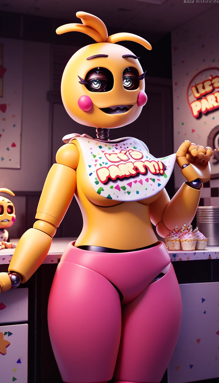 (obra-prima, melhor qualidade: 1.2), ToyChica, 1girl, solo, adesivos de blush, calcinha, cueca, calcinha rosa, seios, crop top, Cook pizza happy