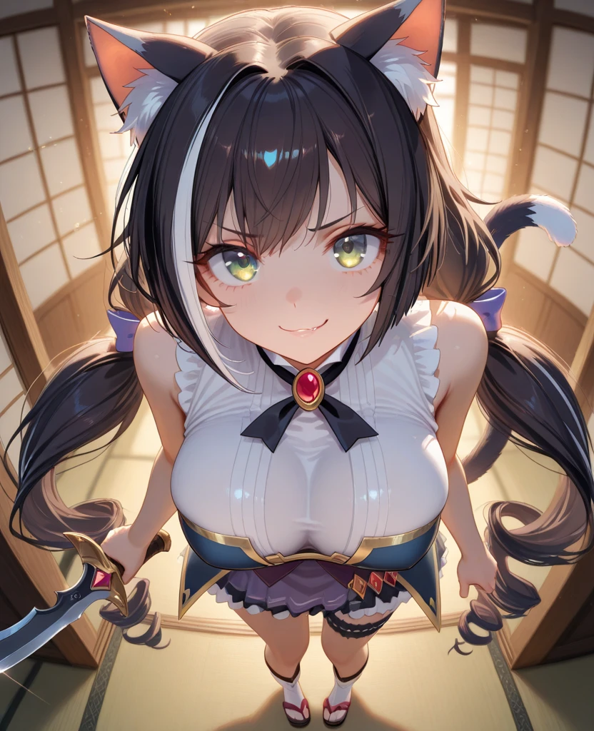 pink twintails, extremely happy, cheerful, pink eyes, wearing plain black shirt, pink skirt, looking at viewer, no hat, holding orange glowsticks in hands, no underwear, large breasts showing