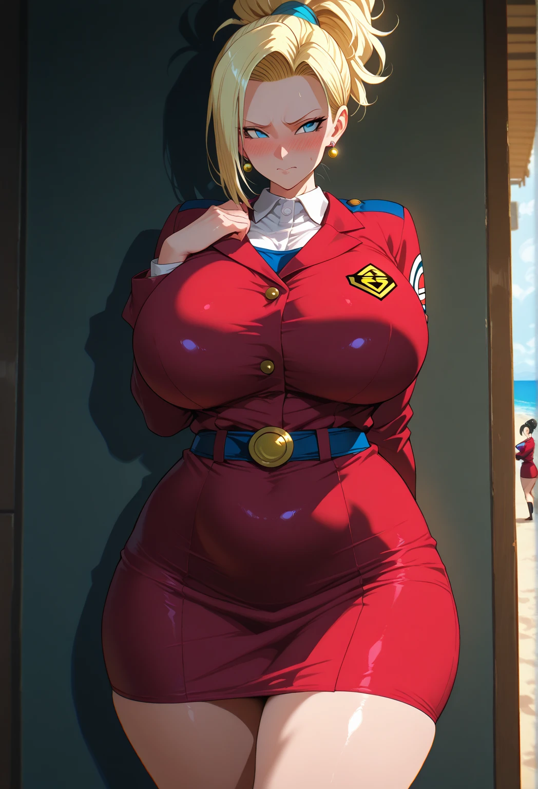 full body portrait of Betty (styled in a (1940's Sailor Dress:1.5), (highly detailed:1.3):1.3), (highly detailed face:1.8), (1940's Pompadour Hairstyle:1.3), (slim body, (large breasts:1.3), small hips:1.5), (leaning back on the bar:1.5), (background sidewalk downtown New York City 1940:1.4), (soft studio lighting, volumetric shadows), JCH Street Pan, ISO 100