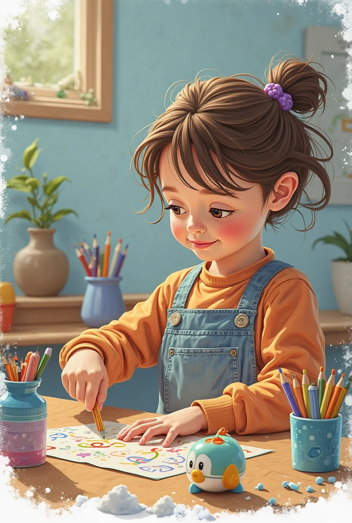 menina de cabelo rosado perto da janela do quarto. Menina com uniforme da escola, vestida. 7-Year-Old Girl Paints a Unicorn on Sulfite Sheet. Menina com olhar sonhador, fantasiando, feliz. [rosto detalhado]; [detailed hands]. Guaches sobre a mesa do quarto. Unicorn being painted on sheet of paper. Girl with brush in hand. Girl paints a unicorn. Room window with unicorn. Unicorn looks at the girl [best description] [ultradetalhado]