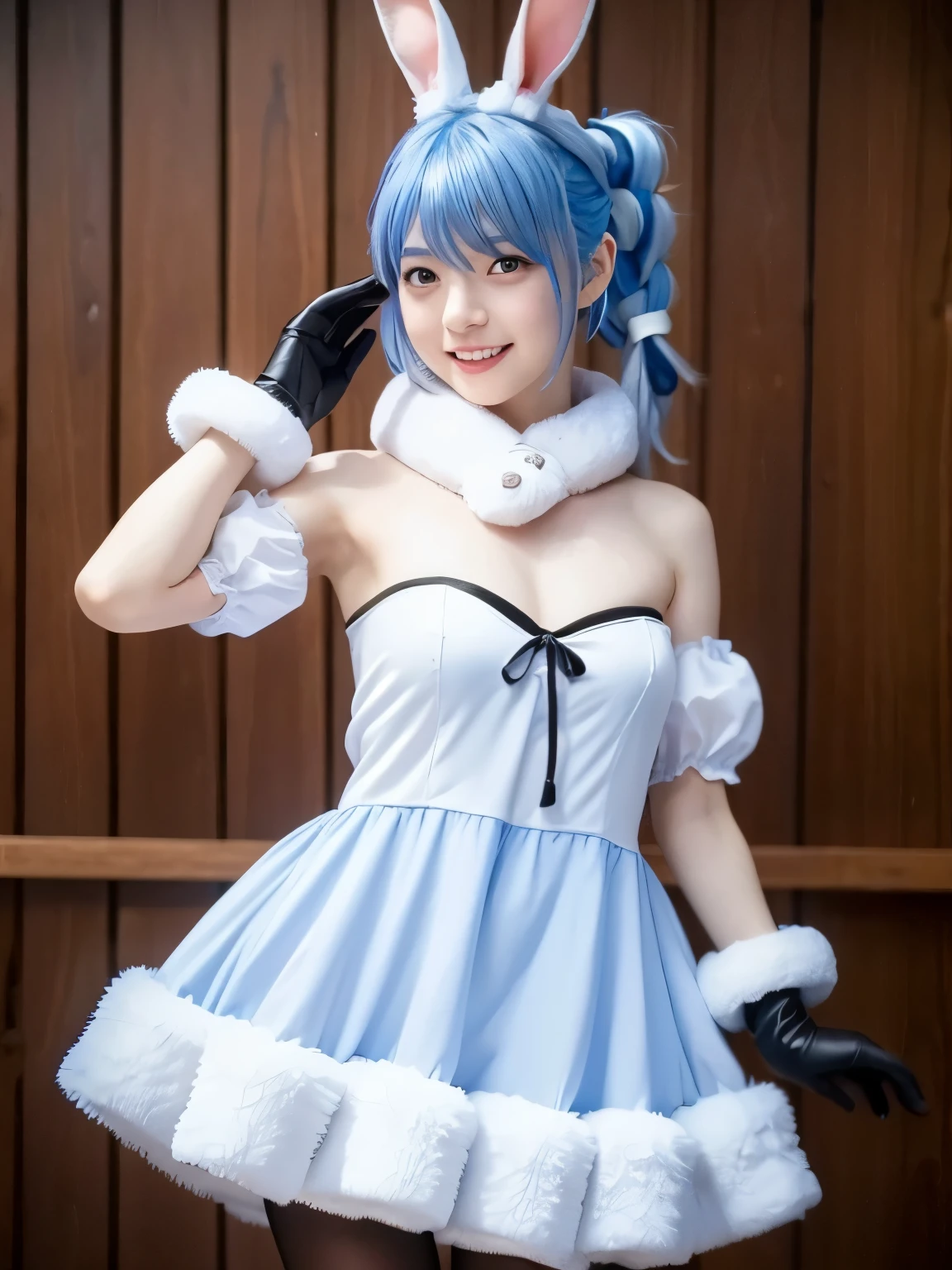 1girl, solo, cute japanese girl, cute rabbit girl, idol, (smile:1.2), natural makeup, highlighting her clear skin and subtle eye shadow,
BREAK
((realistic skin, detailed skin texture)),
BREAK
(portrait:1.2), stylish pose, active pose, dynamic angle.
BREAK
flat breasts, sagging breasts, 
BREAK
(film grain:1.5), 8K raw photo, Best quality, masterpiece, ultra high res, (photorealistic:1.4), professional lighting, (16k, RAW photo, best quality, masterpiece:1.2), (realistic, photo-realistic:1.4), (extremely detailed 16k wallpaper), sharp focus, depth of field, blur background, bokeh, cinematic lighting, soft light, 
BREAK
pekora usada, animal ears, (blue hair:1.5), (bangs between eyes:1.5), (twintails, two-tone hair,), braid, carrot hair ornament, food-themed hair ornament, hair ornament, multicolored hair, (red eyes:1.5), rabbit ears, twin braids,
BREAK
strapless, strapless dress, (white furry dress:1.5), white fur gloves, black pantyhose, bow, bridal garter, detached sleeves, 
fur dress, dress, fur scarf, fur trim, fur-trimmed dress, fur-trimmed gloves, gloves, pantyhose, puffy detached sleeves, puffy sleeves, red bow, ((naked dress, sheer dress)),
