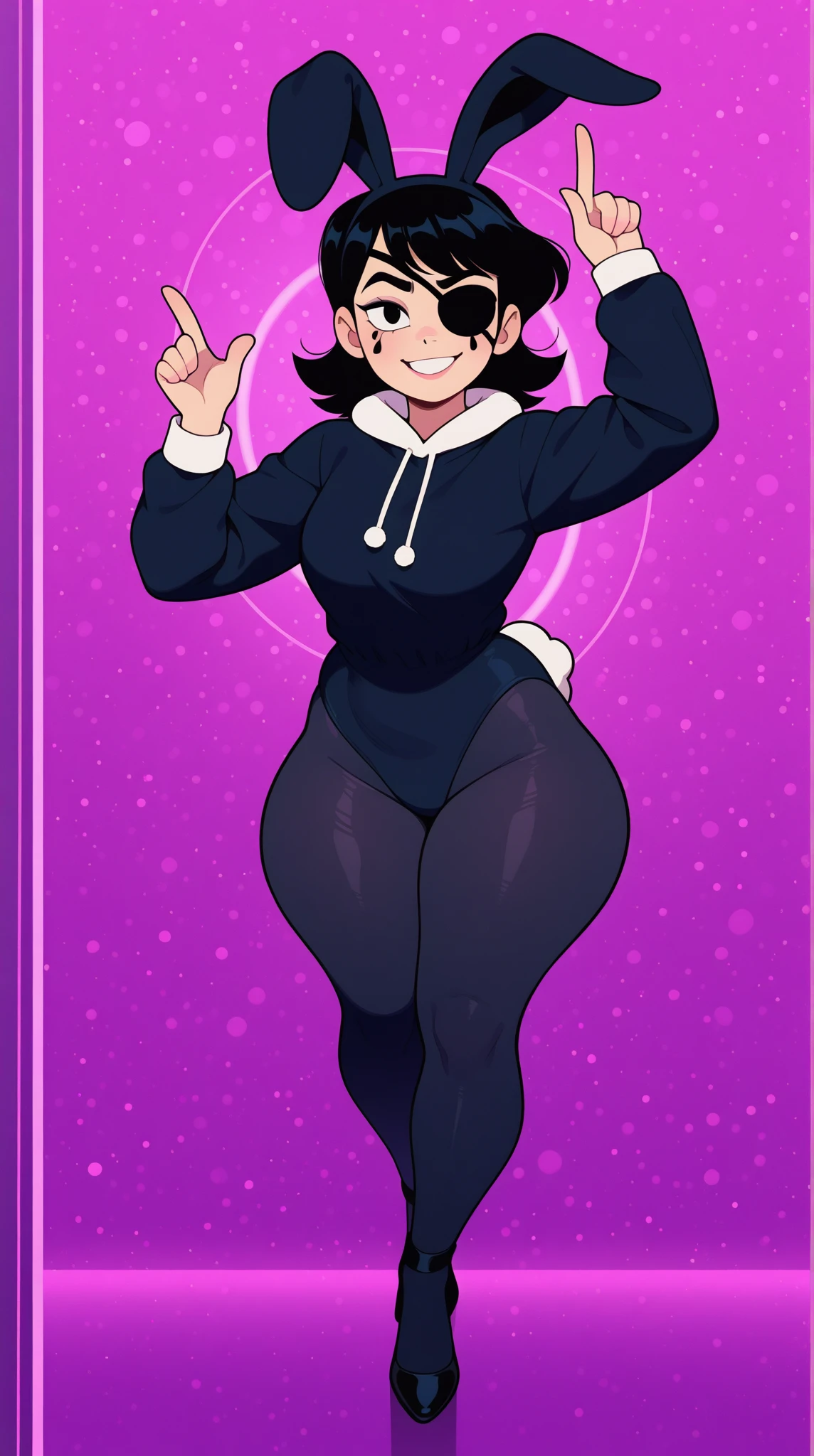 A beautiful woman Beautiful courage big chest Strong blue hair clear hair Mencho on top short her orange eyes soft eyelashes and smiles friendly confidence she wears a bright purple leather sweatshirt underneath her green shirt and her tight purple pants huge soft thighs and she is wearing black boots