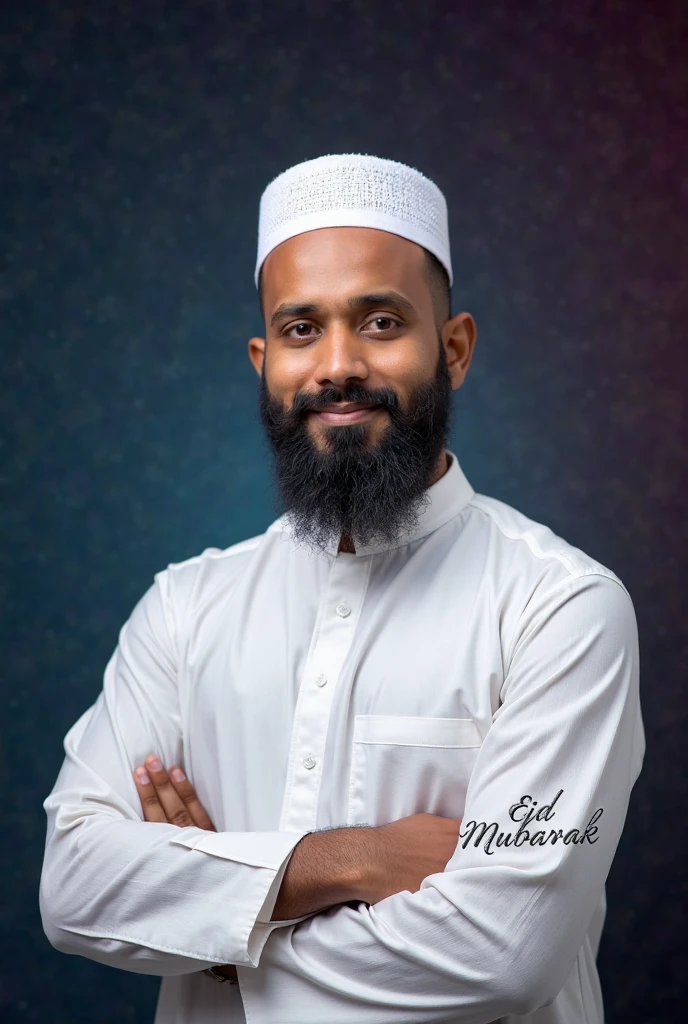 A young man with A white round cap on the head and a confident white punjabi.
He is dressed in a over a white shitt.
The man is positioned against aqua colour backitop
with a subtle red lighting on the left side.
and he posing for Linkedln profile