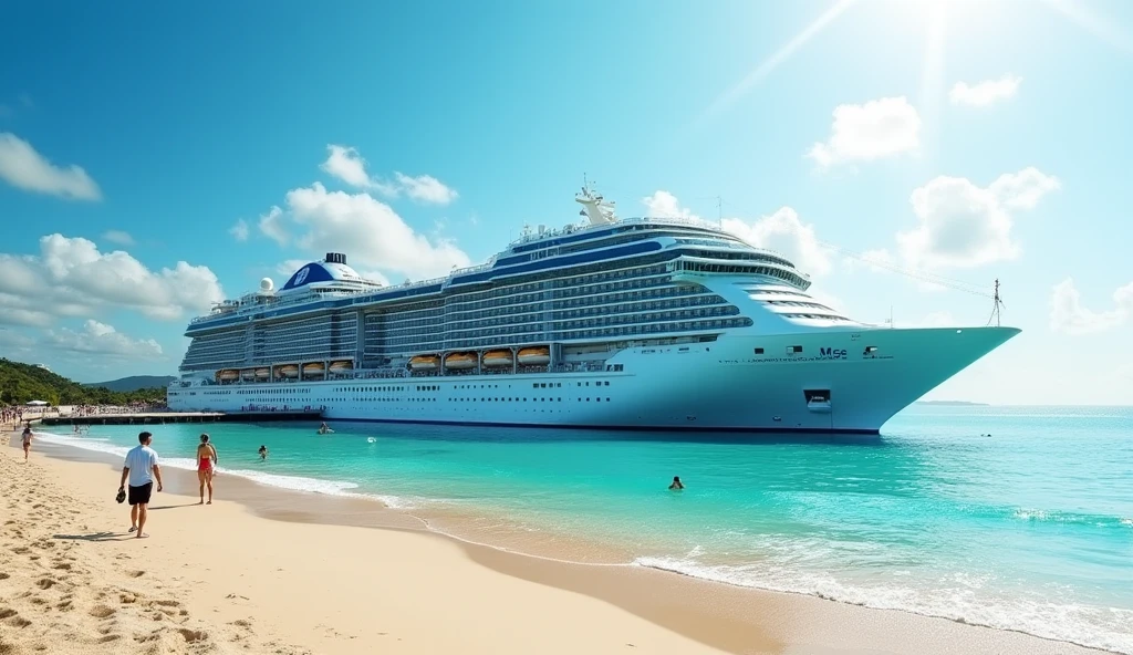 Large cruise ships over long distances,Little girl in bikini playing on resort beach