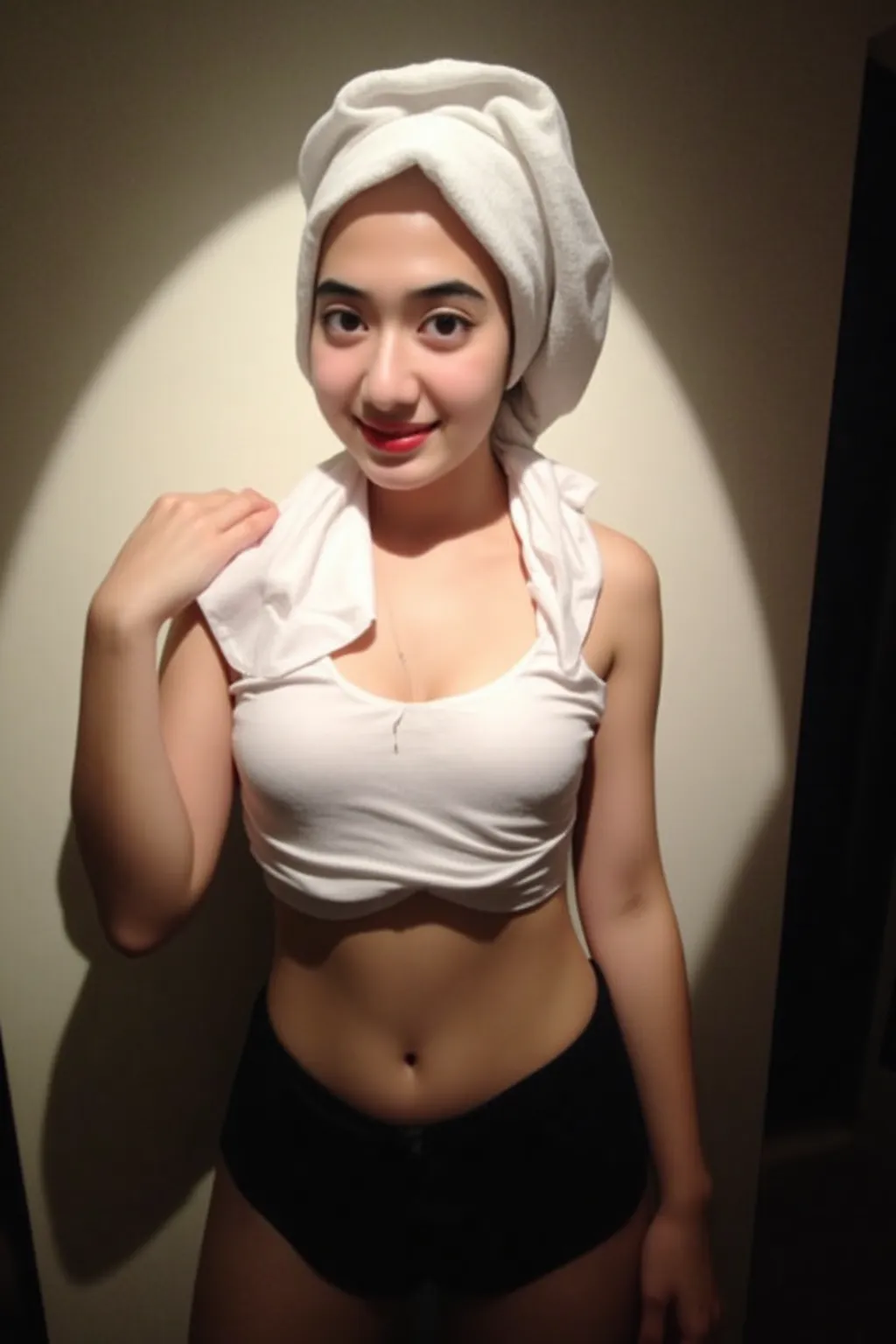 Tiny (Wearing Lingerie Suspender), (((HIJAB MALAY GIRL))), masutepiece, High quality, UHD 32K, Realistic face, Realistic skin feeling , A Malay Lady, , , Very cute and baby-like face, (((FLAT CHEST))), (MATRIX WORLD), ((look In front at the camera and SADNESS)), ((())), (((CUTE GIRL))), ((Pink Red)), ((CHUBBY)), (undress), (Green & Yellow), work in an iron and gas welding workshop