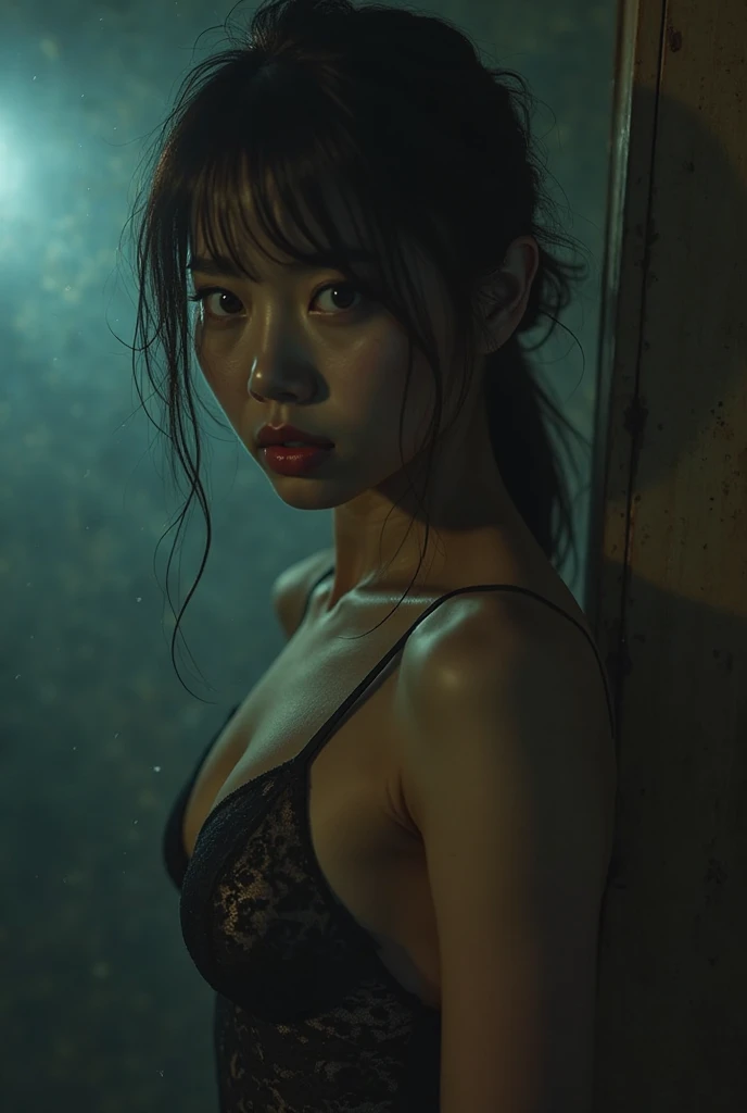 ((Pain face、Scared face、1７years old、A face full of fear))、(8K、top-quality、​masterpiece:1.2)、(Feeling worn and damaged、Close your eyes、black eyes、Very frightened)、(realisitic、Photorealsitic:1.37)、ultra-detailliert、top-quality、超A high resolution、profetional lighting、photon maping、Radio City、physically-based renderingt、电影灯光、off shoulders、depth of fields、Focusing、Moonlit night、Sweaty,