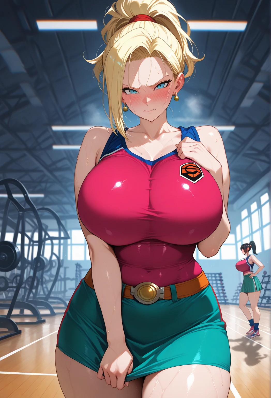 (Unbeatable masterpiece, ultra realistic 8k cg, dramatics, Ray tracing, hdr),rendering by octane, (best qualtiy), solo woman, alone,((((Massive Female Bodybuilder:1.5)))), (((huge breasts:1.2))), wide hips, (((wide shoulders:1.2))), NSFW,short detailed hair,Blonde curly hair,smile,standing straight ,dungeon,cheerfulness,realistic humid skin,Fleshy figure,a dark tanned skin,otherworld background,(full body),Wearing delicate earrings,slender leg,Thick thighs,(Wear red transparent pantyhose), camel-toe, fanciful, atmospurate, extremely detailed, intricate, Hyper-detailing, glaring light, (photorealistic face),(1 rapariga)