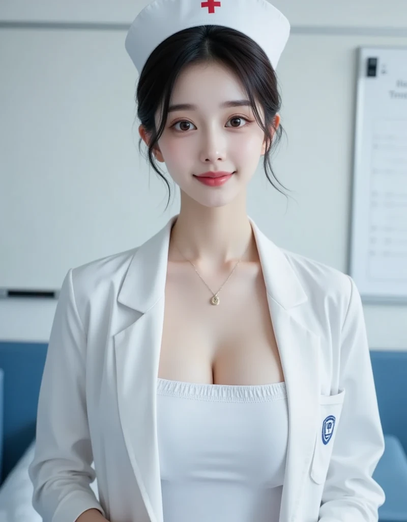 Photorealsiticな美しい医師、stunningly beautiful、doctors white coat, Doctor Fashion、(top-quality、8K、32K、masterpiece、nffsw:1.3)、超A high resolution,(Photorealsitic:1.4),Raw photography, Detailed face,,Beautiful short hair, ((Doctor Style)), , tight skirts、 Natural makeup, Breast cleavage, medium full breasted、inside hospital,