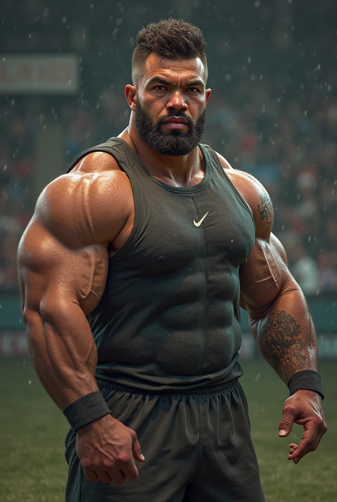 Hyperrealistic image of a gray haired African American boxer superhero kissing with very sweaty extremely old rival, more than 80 years, very muscular and fat, more than 200 kilos, with a bare torso, large and flaccid pectorals, brown nipples and large gray mustaches with huge arms. tattooed in a boxing ring with satin shorts