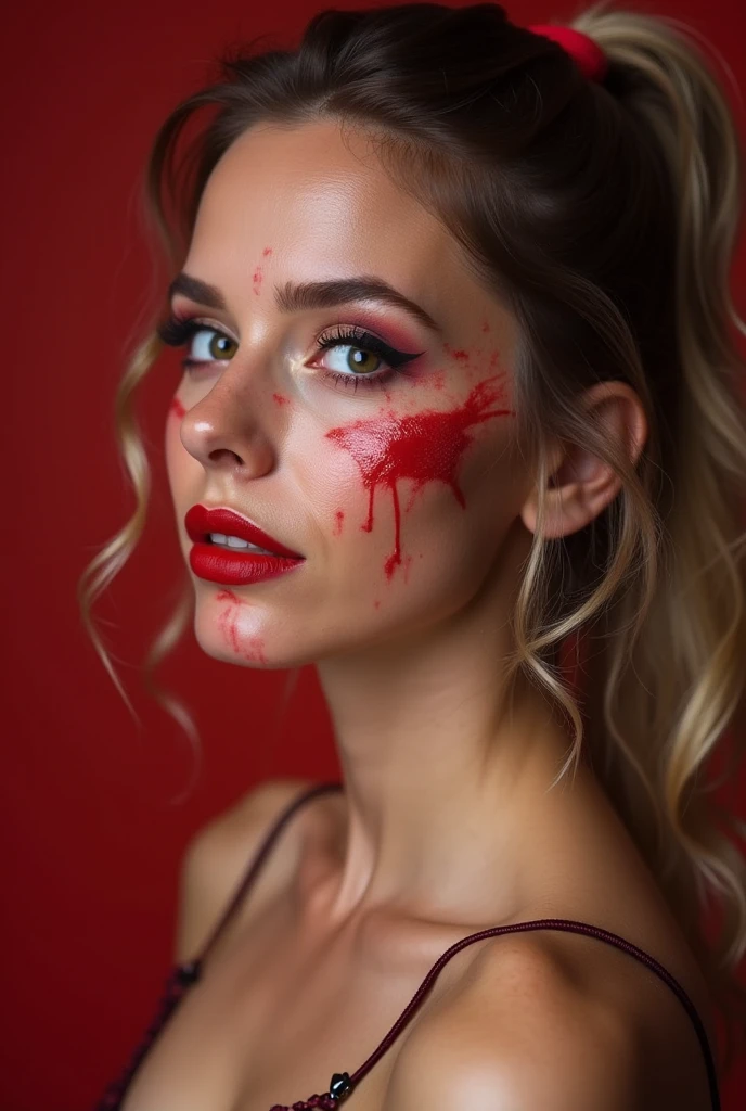 A close-up of a woman’s face, seemingly painted with a mixture of white, black, and red paint. The paint appears to be thick and smeared in various places, especially around the eyes and mouth. The eyes are intense, with a deep gaze, and the overall mood of the image is dark and dramatic.