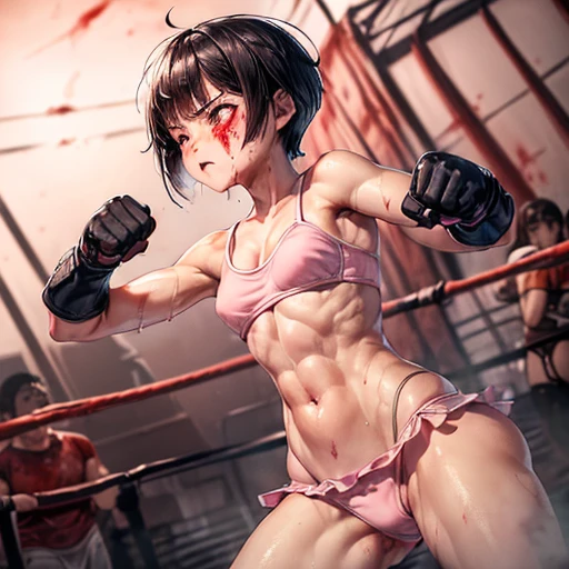 a japanese female fighter is beated down in the octagon fighting ring of underground arena with audience. A bloodied and bruised female fighter sits with her legs spread. She is cornered against the cage of octagon and has a lot of punches from the male fighter. she has lost. the will to fight. she has big pain. she is crying. she is damaged terribry. Short-cut black hair, out of breath, drooling from mouth, one eye is closed, exhausted, drenched in sweat. Erect nipples, open finger glove, Whittled waistline, muscular, six-pack abs, Ragged white and pink lined sports bra, high leg panty, Stockings. armwarmers.