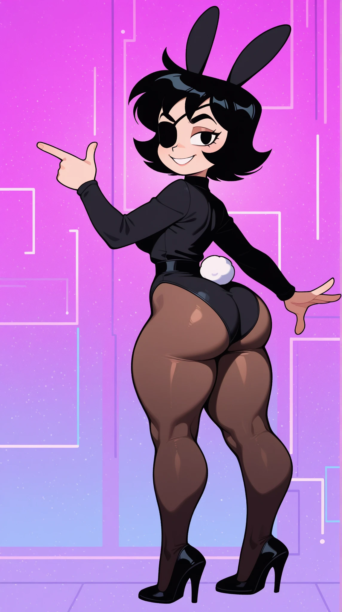 snfw,(highest quality:1.2),1 girl,alone,Are standing_Split,peni parker,(white leotard:1.2)、short hair, black hair,bangs,interface headset,hair between eyes,pixelated background,neon light,SF color scheme,Bright colors,metallic texture,detailed shading,Holographic interface,dark atmosphere,high contrast,sharp focus,twig of hair,Reflective surface,exquisite details,High resolution,studio lighting,Red accents,Illuminated environment,artificial intelligence assistant、camel toe