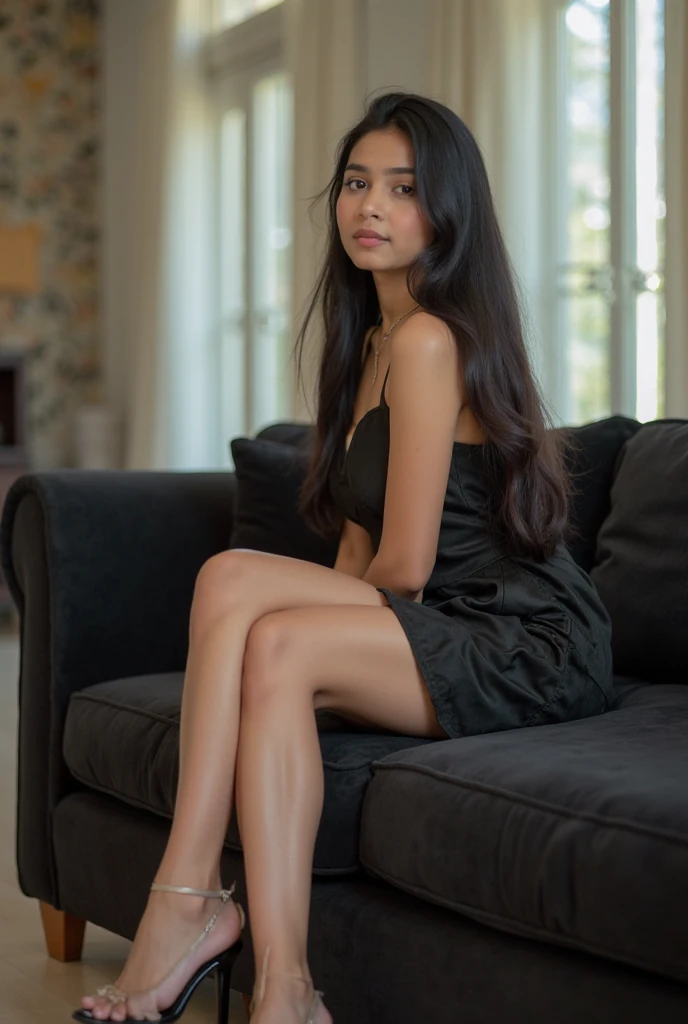 Sexy european , sandal high heel, black skirt, black bandeau crop top, wave hair, perfect face, pretty eyes