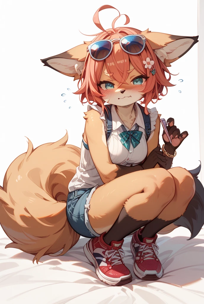 Masterpiece, hgih detailing, soft light, soft glow, old negative flim, ((kemono, solo, dog, male, femboy, orange hair, brown eyes, wear black cropped high cut hoodie, wear black panties, wear black bra, tail)), angry reaction, looking at viewers, angry effect, blushes, stand with feet hips, (in flower fields, large flow fields, blue sky, cloudy, day time, soft glowing cloud)