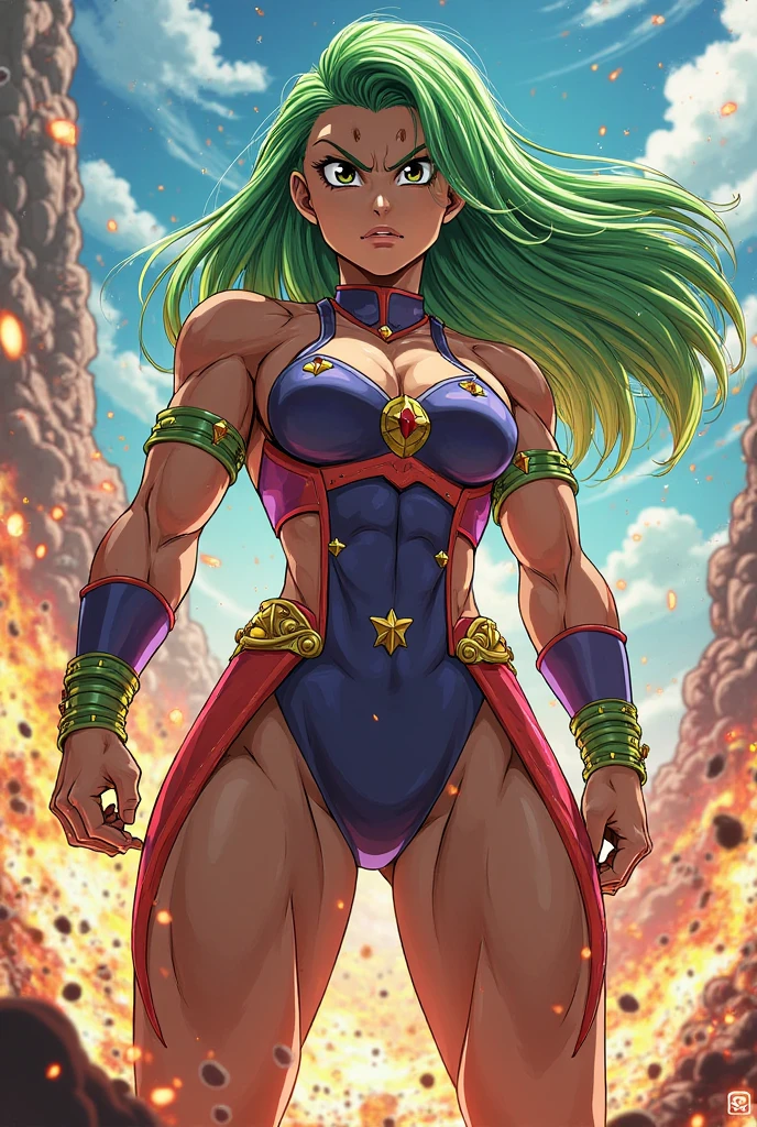 Royal green and aqua blue hair, smiling young girl, Digital Painting, super hero, muscle girl, pose, fist up, arm up, ((from above)), 1knee up, Behance Contest Winner, Afrofuturism, Synthwave, neon, glowing neon, sagging massive ???????, mini skirt with frill, cape, ribbon, sweat, glossy silky skin, ((smile)), thick waist, cosmic sparkling in space, frying, in dynamic パースペクティブ、