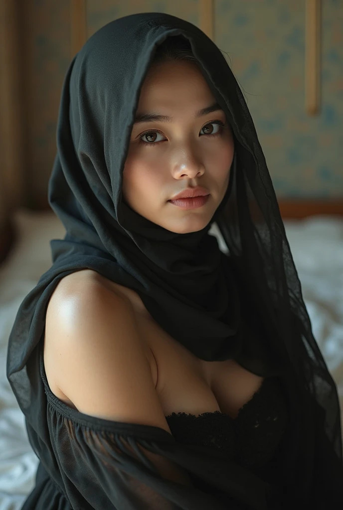 sexy malay girl only wearing hijab without shirt raise her two armpit with tounge out of her mouth