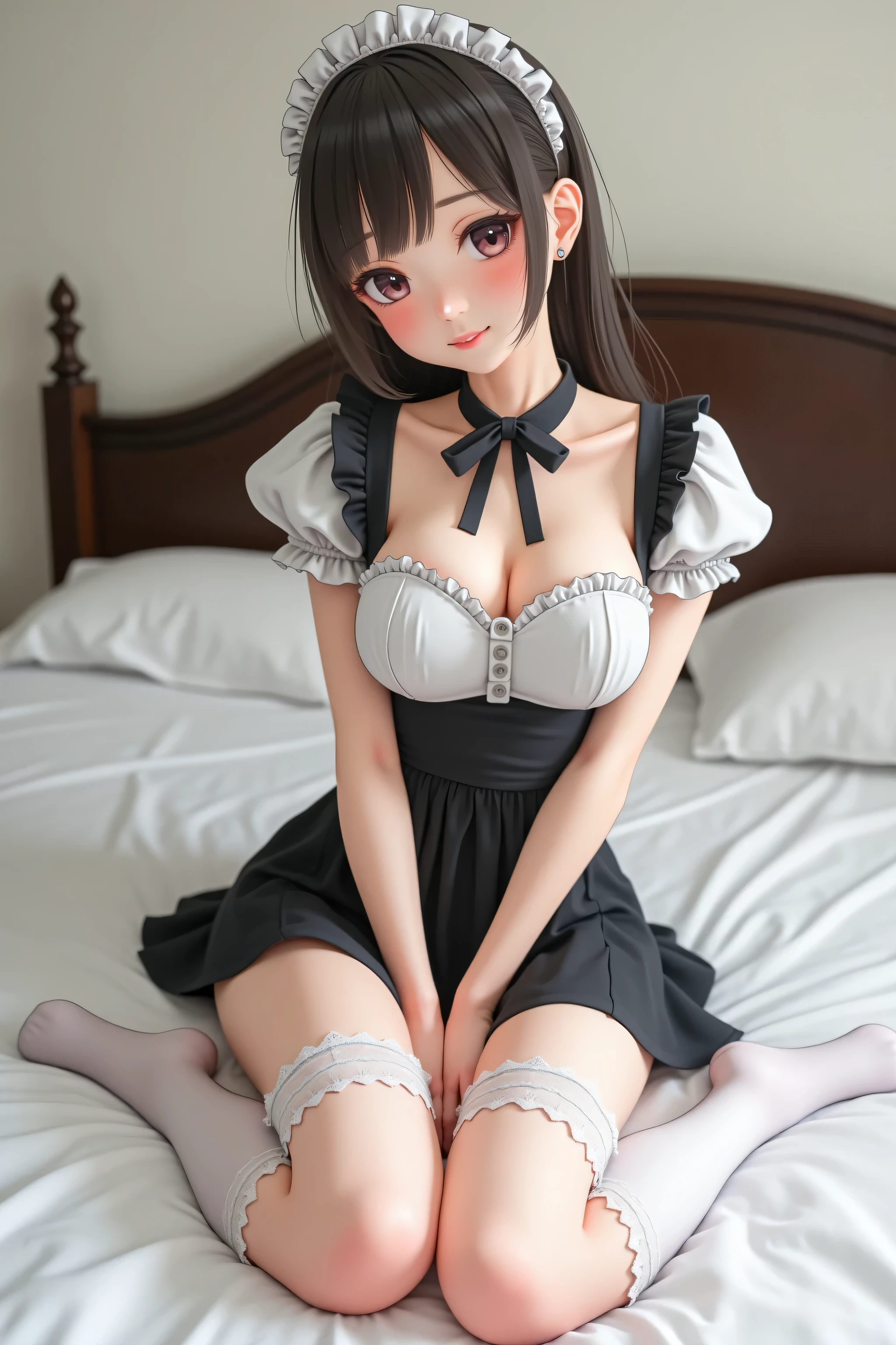masterpiece, Highest quality、indoor、sitting、smile、Bed、gloves,, Twin tails, short Twin tails, Hair Ribbon, Red ribbon, choker, ribbon choker, clavicle, Short sleeve,, Medium chest, Bubble Skirt, Bow skirt,Twin tails,8k images、Cute maid outfit、Dress nicely、Best Photos、Cowboy Shot、[3D Images:1.25],[[Attractive eyes,Detailed eyes、Shining Eyes, Colorful eyes:1.25]]、、whole、Front view、alone、Best Photos, Soft Light, Attractive eyes、Large Breasts,Cowboy Shot