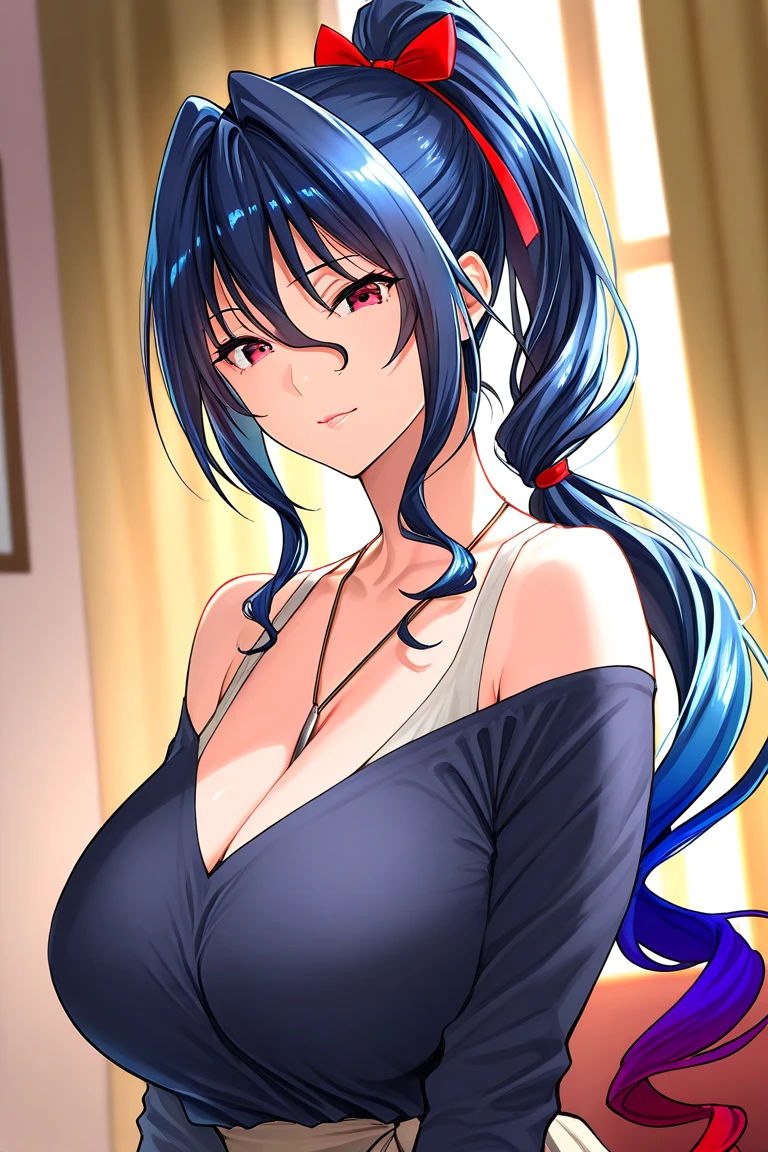 High resolution, high quality, 1 girl, anime girl, dark blue hair,ponytail,long hair,dull bangs, dark blue eyes,closed one eye,clenched teeth,[[pale skin]],Glossy skin, big breasts,beautiful breasts,(big ass),beautiful butt,pink high leg water wear,sitting,arm behind head,(lemon juice),(orange juice),(mango juice),(water),at the cafe,