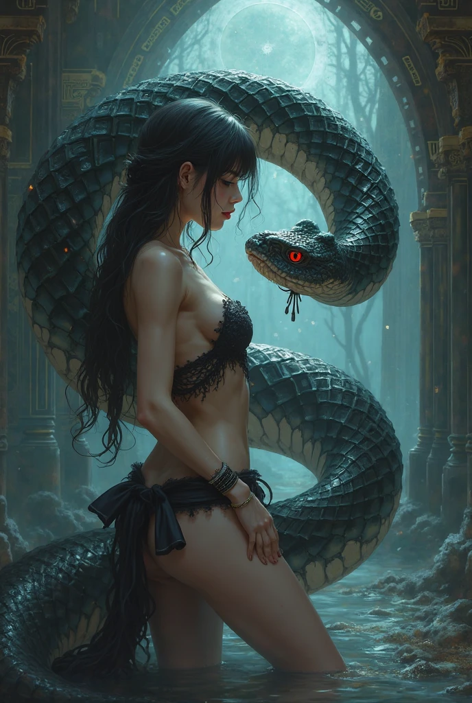 <lora:more_details:0.8>, <lora:unhorny_v01:-1>, <lora:Squeezer2:0.2>, (small breasts:1.3), <lora:epi_noiseoffset2:0.6>, <lora:litlights:0.3>, <lora:badhandspos_bdsqlsz_V3.5:0.8>,, <lora:GoodHands-vanilla:0.76>,
"Medusa's Mystery"
(Masterpiece, best quality, colorful, dynamic angle, highest detailed, waist-up shot,( medusa:1.4) from behind, (snake-filled lair setting:1.3), intricate scale tattoos, (naked ass:1.3), (snake hair:1.3), (hyperdetailed:1.15), torchlight enhancing her (serpentine curves:1.3), official art, extreme detailed, highest detailed)