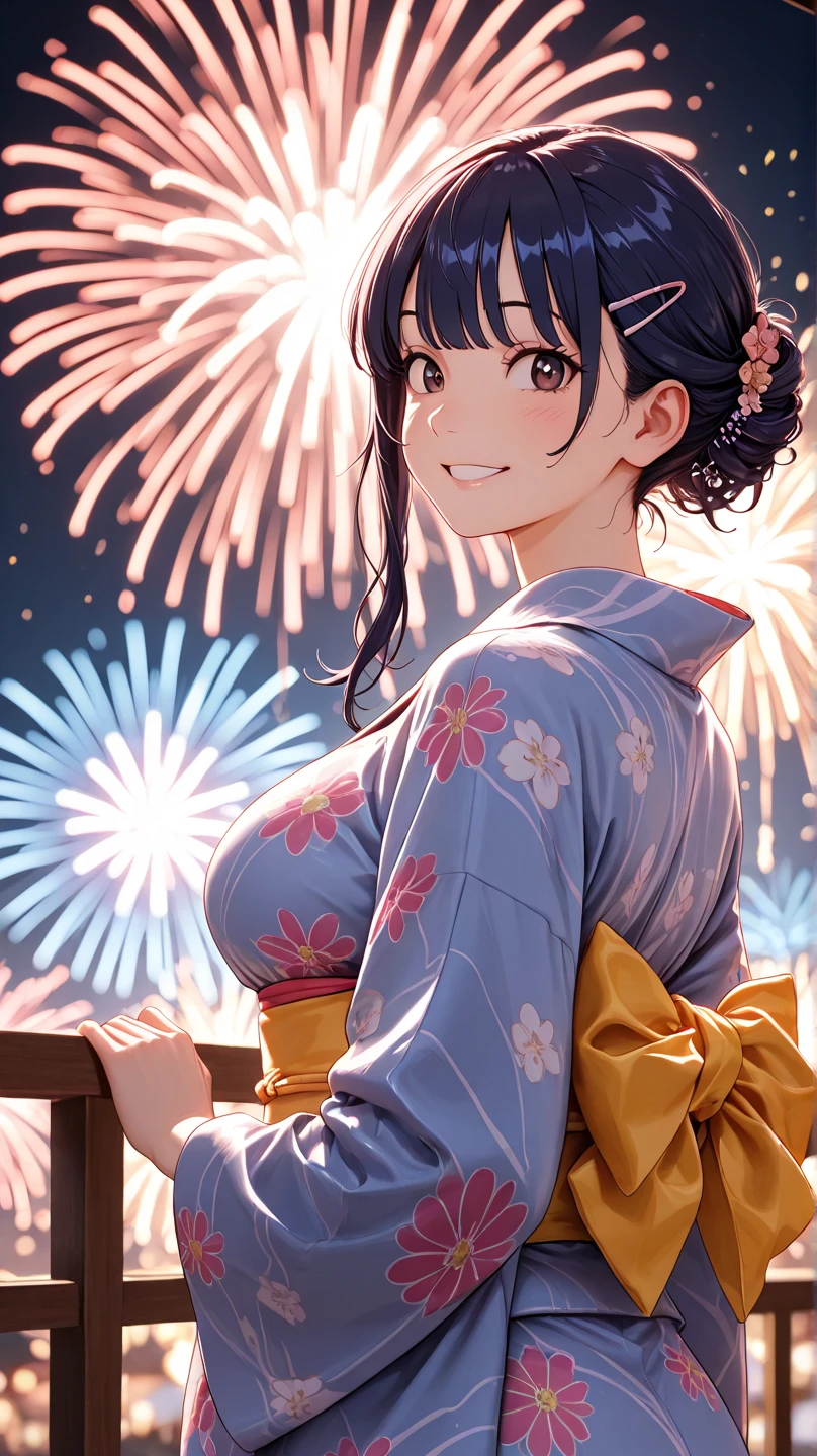 highest quality、High resolution、detailed background、clearな10代の美少女、clear、(huge breasts:1.5)、(night view、firework、from the top of the pleasure boat:1.2)、Look at me happily、
Yukata with bright colors and patterns、pink or light blue cherry blossom pattern、cute hairstyle、tie hair、bun hair、emphasize the chest、emphasize cleavage