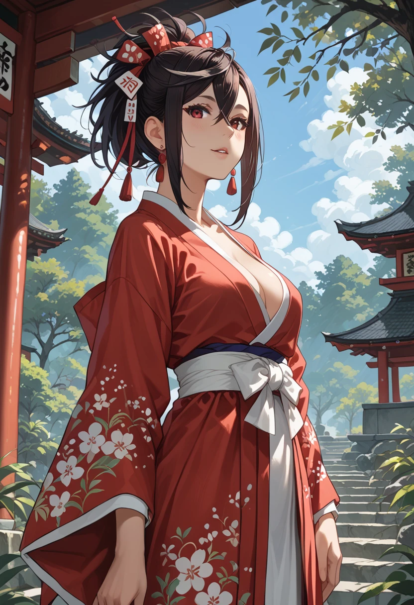 Ultra-detailed, masterpiece, best quality, Goemon girl, solo, striking features, short hazel hair styled in a topknot, piercing green eyes with slanted cat-like corners, detailed freckles across the bridge of her nose and cheeks, intricately designed tattoos covering her arms and torso, representing the symbols of fortune and justice, wearing a traditional Goemon outfit consisting of a red and gold hakama, a blue kimono, and a brown obi belt, surrounded by lush greenery and blooming cherry blossoms, creating a peaceful and serene atmosphere, a traditional Japanese fan in one hand and a katana sword concealed in a hidden sheath