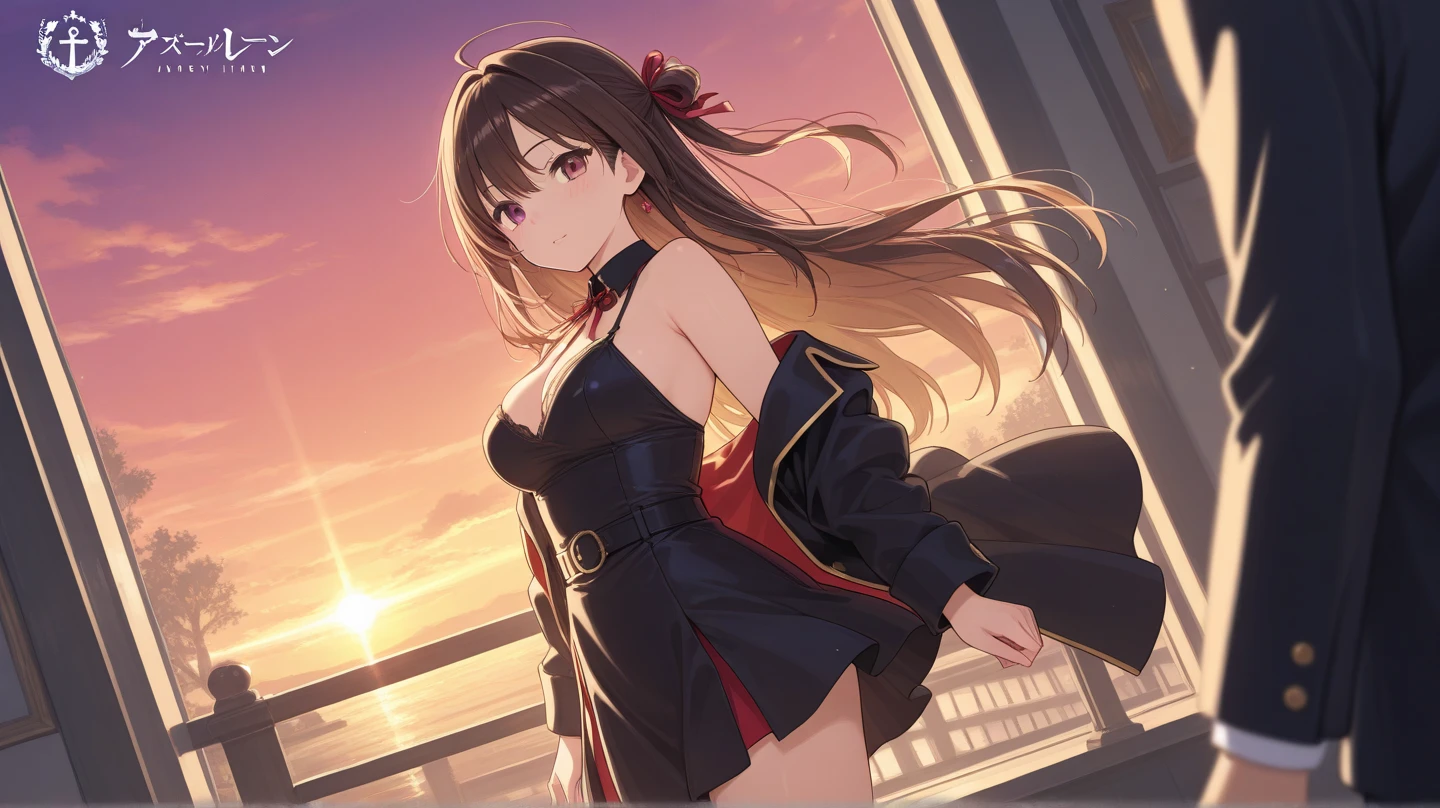 (masterpiece, best quality:1.2),illustration,8k,hd,beautiful purple sunset at beach,1girl,solo,cowboy shot,zuikaku (azur lane),bare shoulders,brown eyes,brown hair,cleavage,dress,hair ornament,jacket,kneehighs,large breasts,long hair,off shoulder,ponytail,red dress,socks,thigh strap,very long hair,white jacket,<lora:Zuikaku(azur)>,