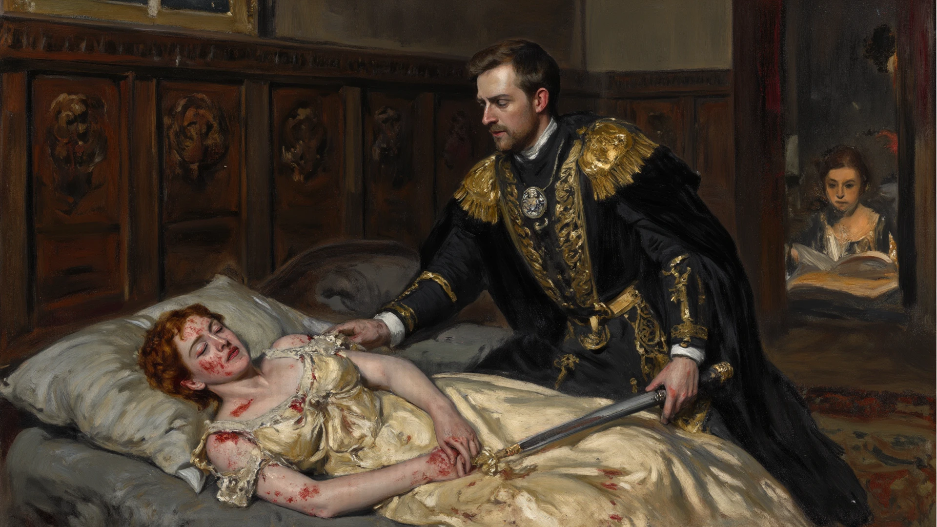 The handsome prince was stabbing the white-haired princess in the back with a sword, while the white-haired princess was looking at the prince, holding her heart in pain and blood.