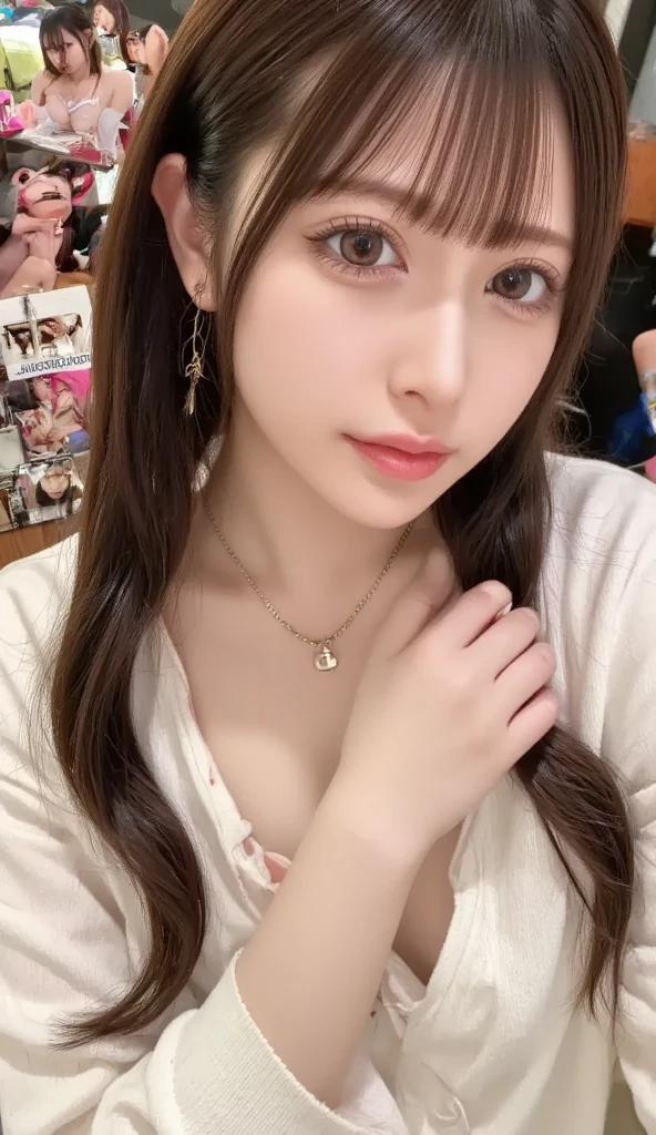 ((Twin tails)), Silver Hair, hoodie,((Gothic)), tracing, cute, Look up, (View your viewers),high quality, necklace, ring, bracelet, Earrings,((Natural big breasts:1.2)), seductive girl, cute girl, sexy pose,
