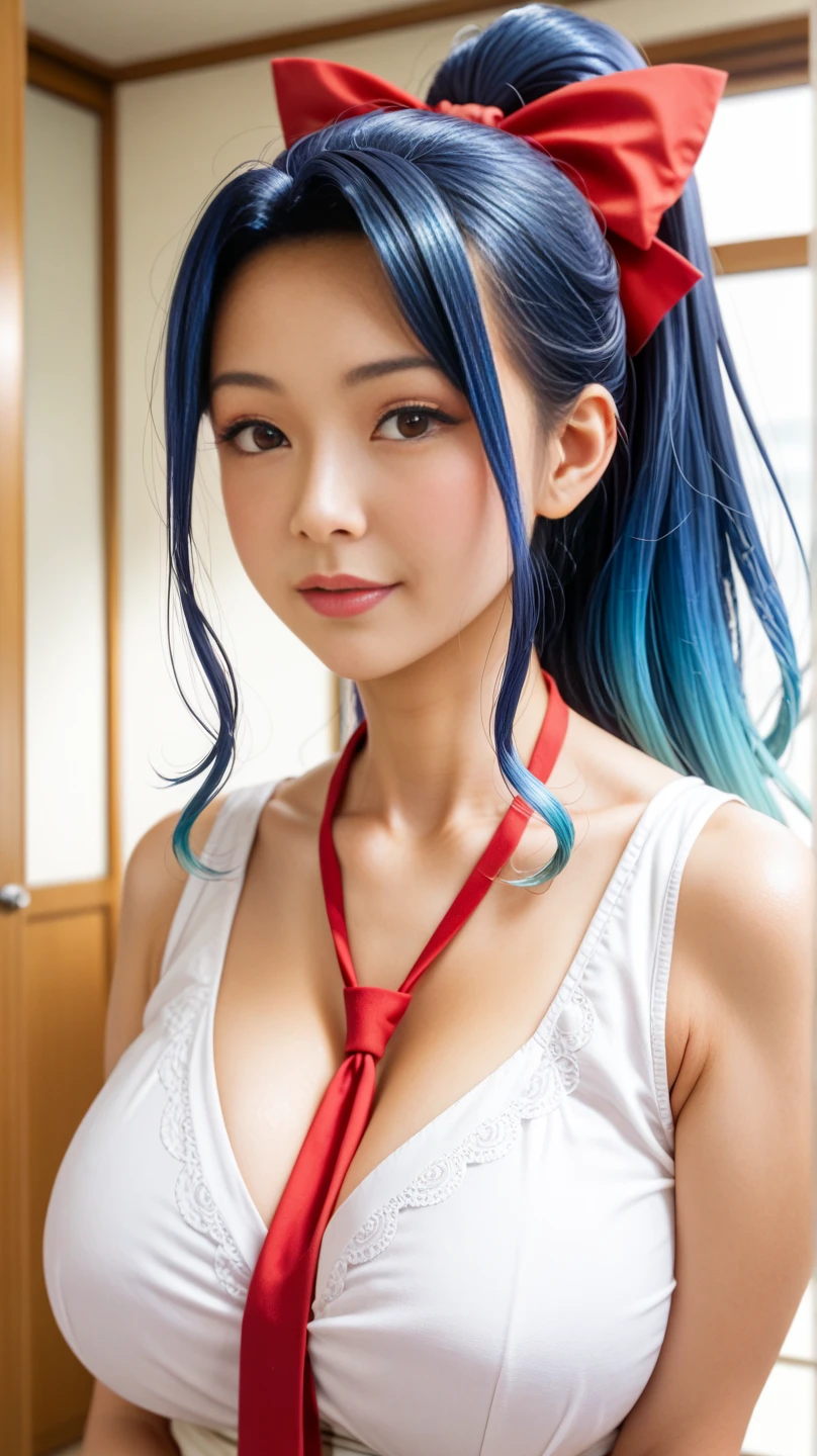 1girl, solo, blush, at room, ,looking at viewer, smile, full body ,rinko_a, big breasts, milf, married woman, blue hair, long hair, pulled back in a low ponytail,,sukumizu, sukumizu