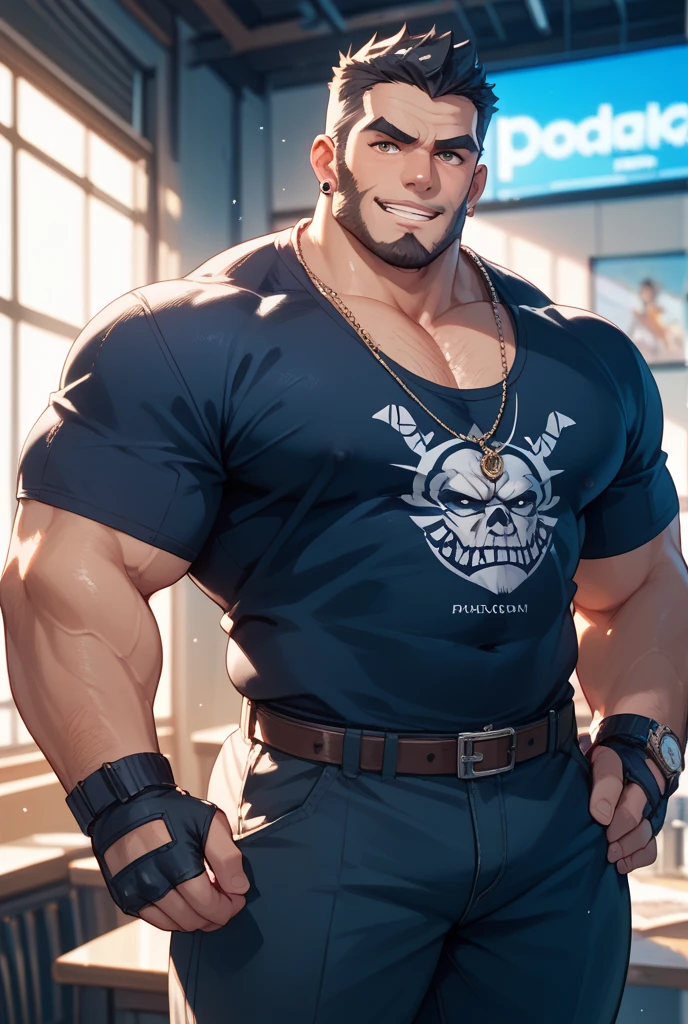 ((the best quality)), ((Masterpiece)), (details), perfect face, high definition, Masterpiece,4k,details clearly, Handsome face, x10 white skin, perfect body, male body, strong muscles, abdomen, white skin, The most handsome man in the world, handsome, The coolest face, Male characters, close image (1man, shirtless), young man, mischievous smile, Extremely muscular tall man, open your eyes ((detailed eyes)), huge, muscular body and Massive, bulging pecs, muscular abs, narrow waist, short hair, blue eyes, delicate big eyes, carefree expression, clear face, handsome (detailed face, perfect face) ((extremely realistic shadows, bodybuilding posture, human, ((22-year-old young man)), V shape, Shirtless, Sunlight, steampunk city, lower pants, topless, close up look, CG sense, Textured skin, the best quality, Storytelling images, lower your pants, show Panty line, Show your abs, Black hair(highlights hair gary hair), shining Gray eyes, eyes contact, genshin impact, Black skinny pants, black leather belt, shackle, Leather accessory, silver blue gem belt buckle, Protection legs, Leather black, Ear piercing, silver chain accessory, crotch tung, magic gauntlets, punching